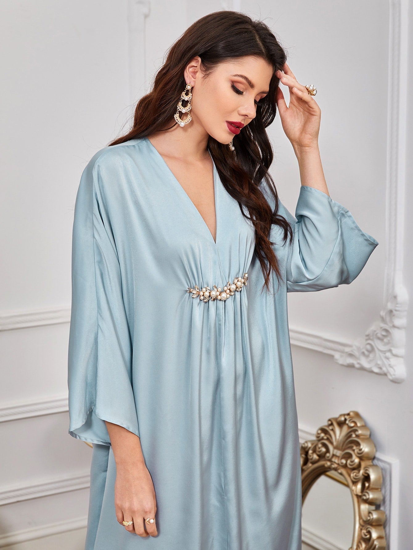 Najma Batwing Sleeve Rhinestone Pearls Detail Kaftan