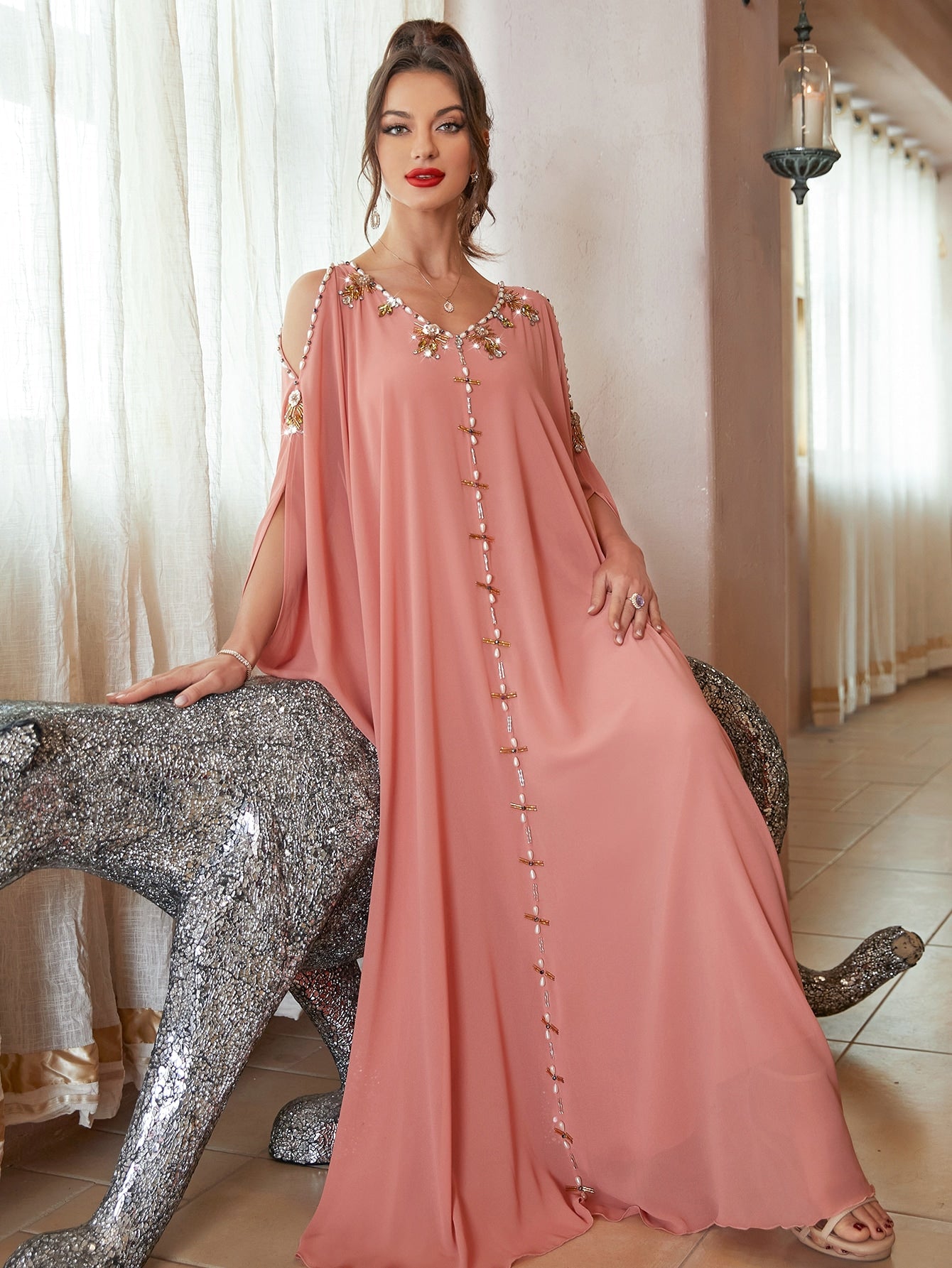 Najma Rhinestone Beaded Cold Shoulder Dolman Sleeve Belted Kaftan