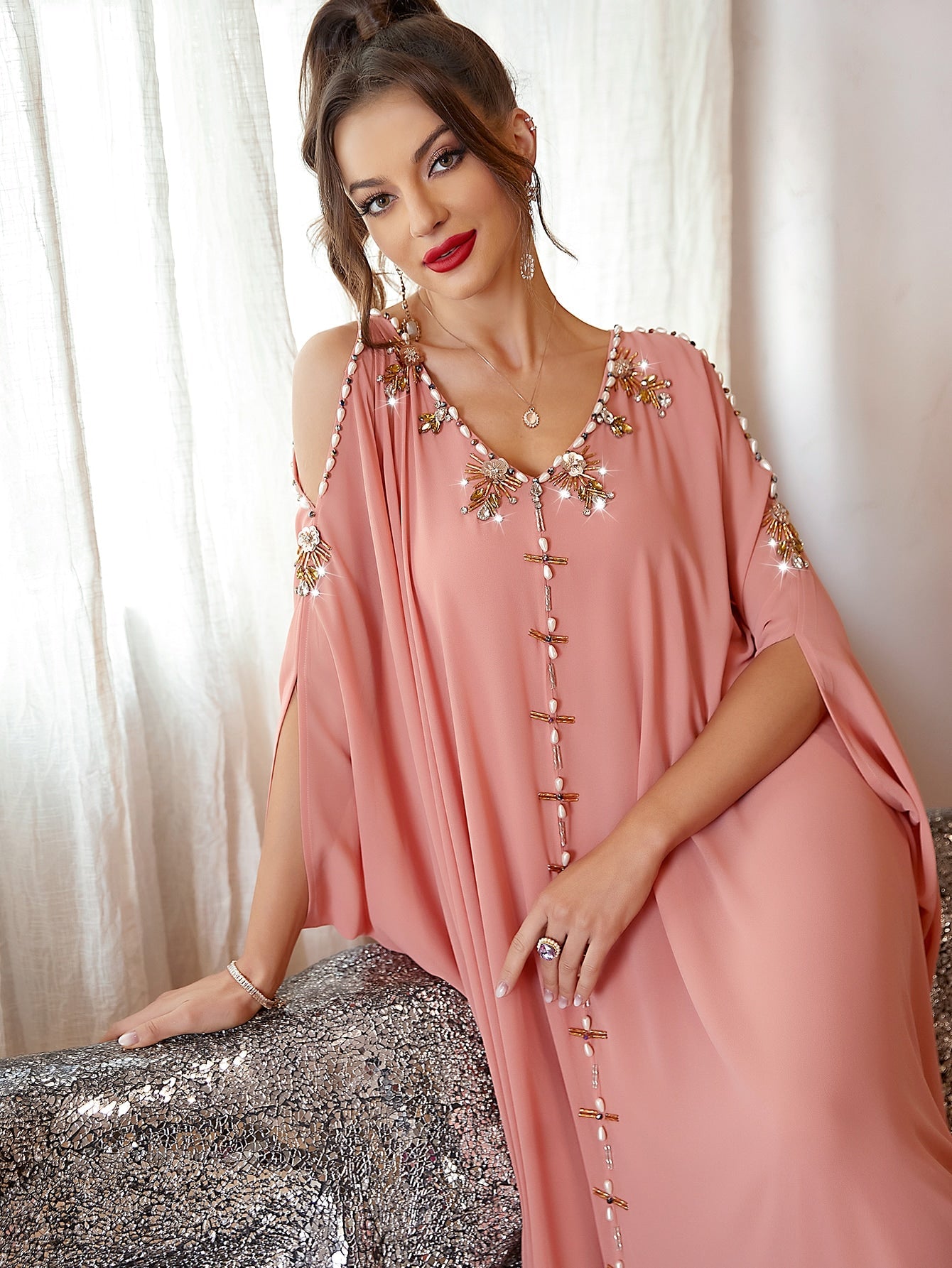 Najma Rhinestone Beaded Cold Shoulder Dolman Sleeve Belted Kaftan