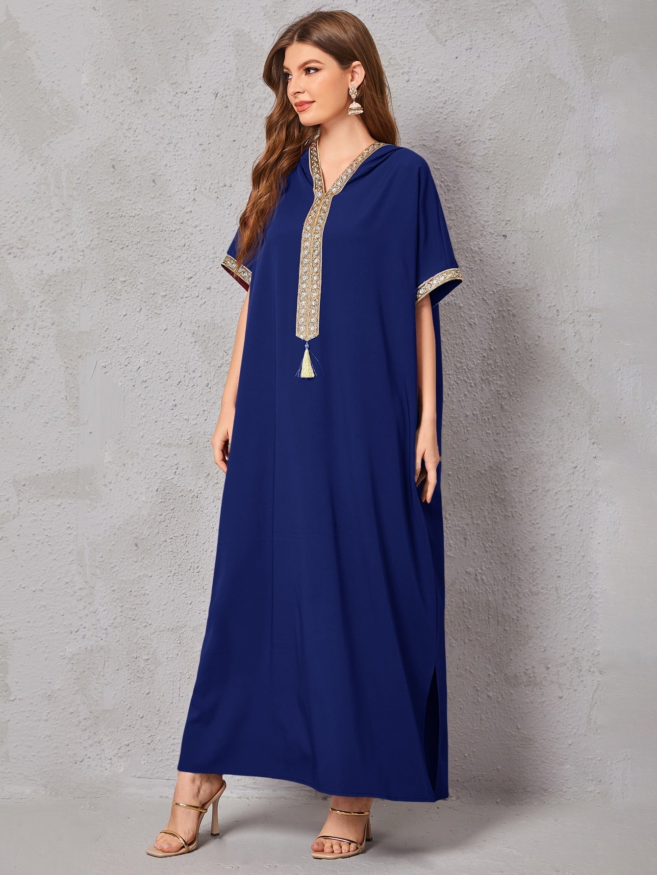 Najma Contrast Embroidered Trim Split Hem Kaftan