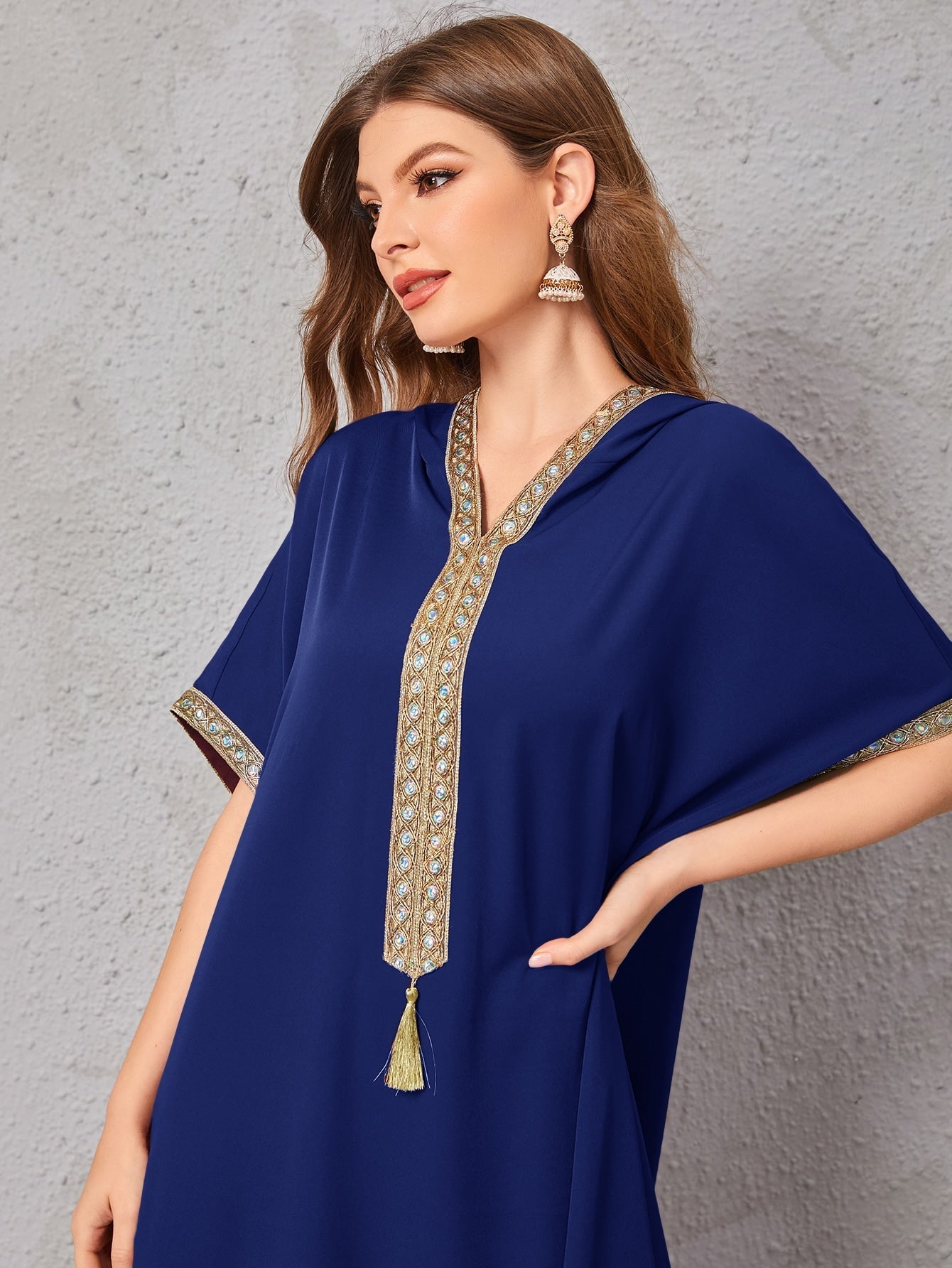 Najma Contrast Embroidered Trim Split Hem Kaftan