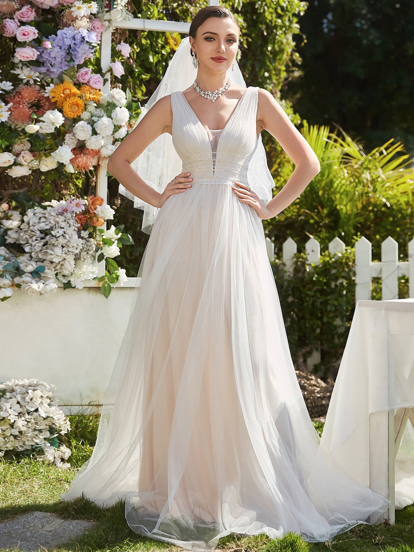 EVER-PRETTY Frill Trim Maxi Mesh Wedding Dress