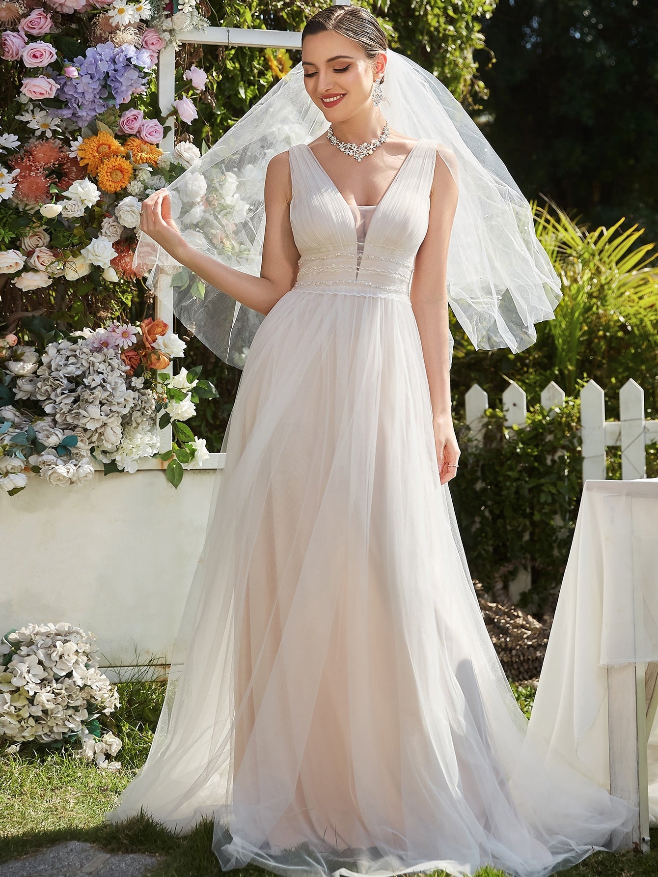 EVER-PRETTY Frill Trim Maxi Mesh Wedding Dress