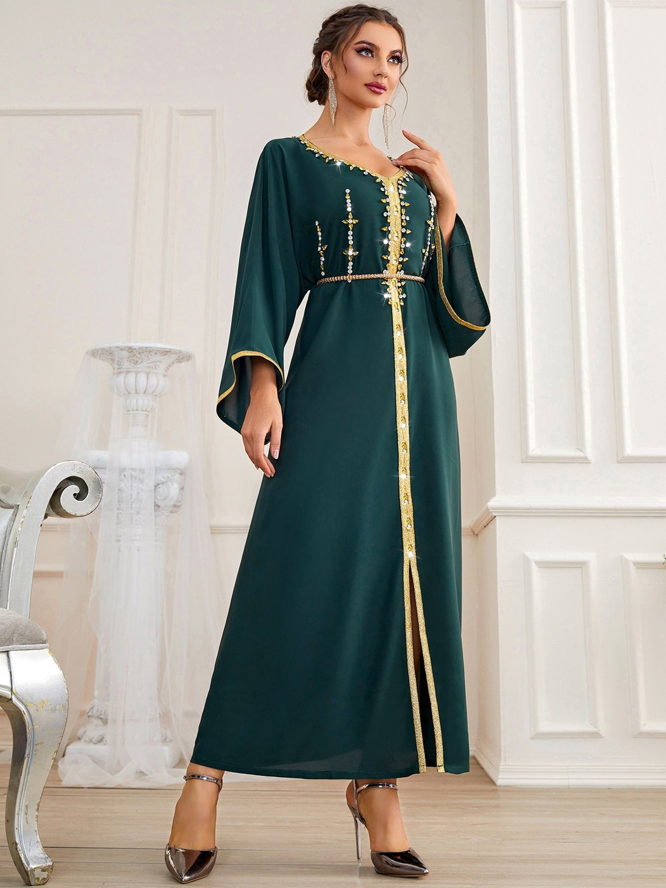 Najma Rhinestone Embroidered Trim Slit Hem Belted Kaftan