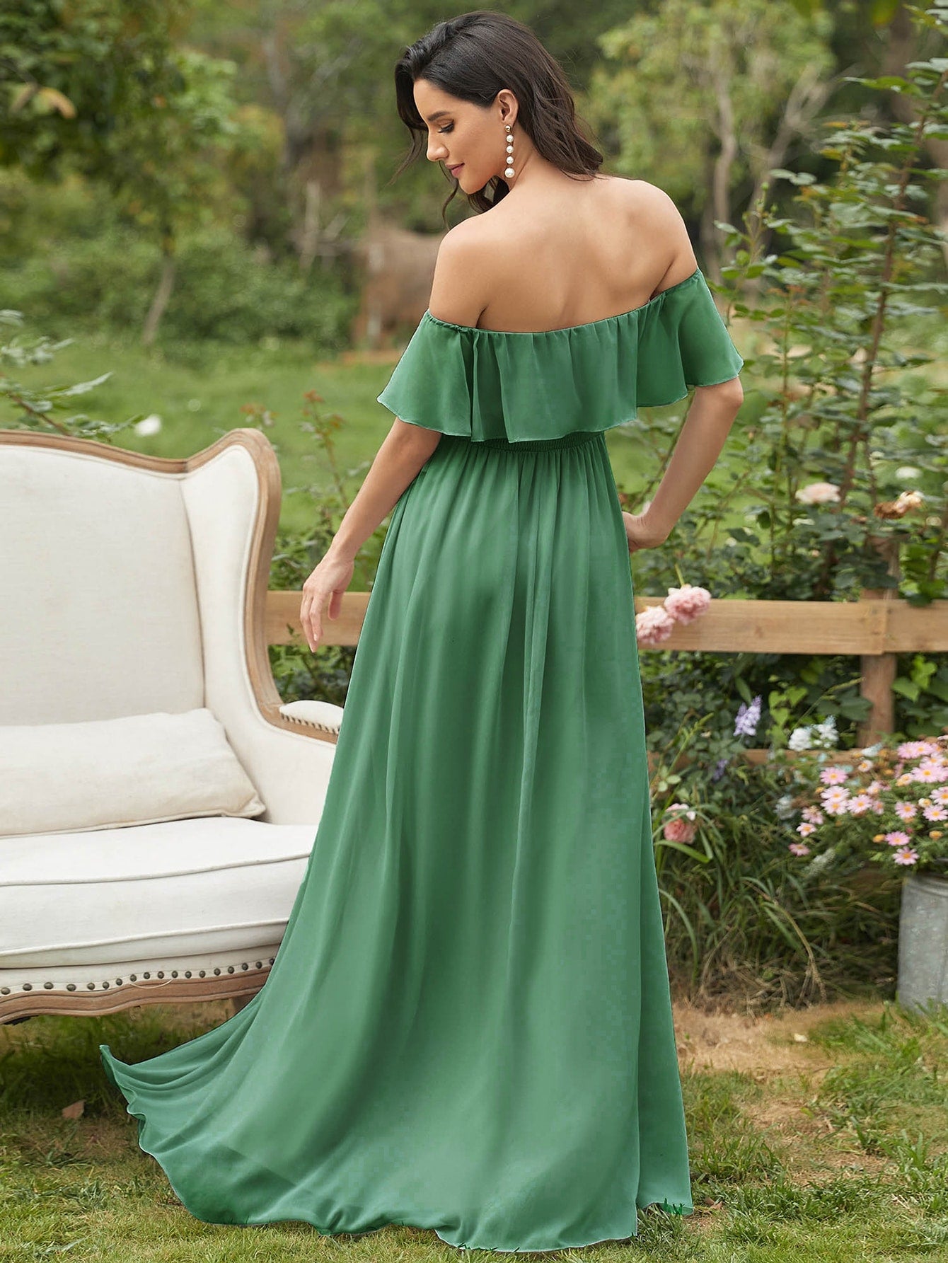 EVER-PRETTY Ruffle Off Shoulder Split Prom Dress