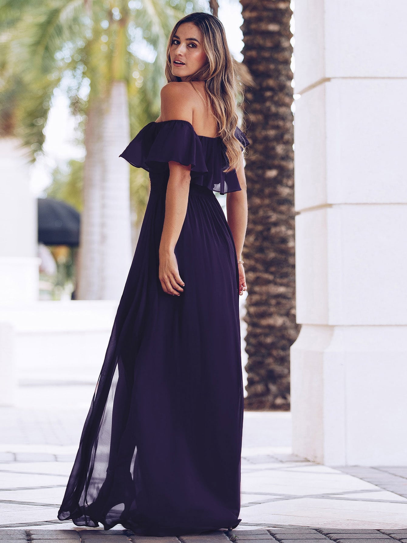 EVER-PRETTY Ruffle Off Shoulder Split Prom Dress