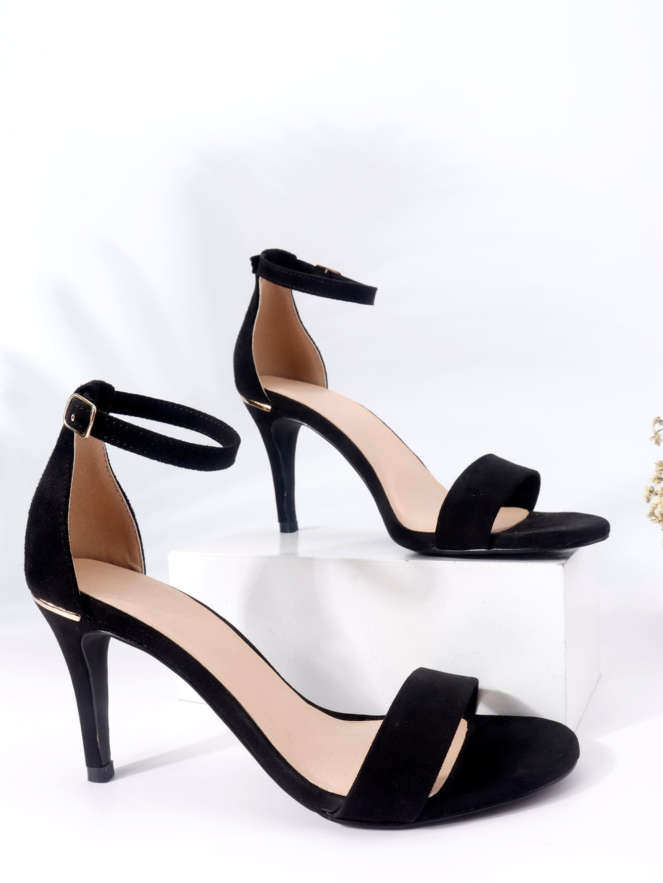 Women Minimalist Stiletto Heeled Ankle Strap Sandals, Elegant Black Faux Suede Heeled Sandals