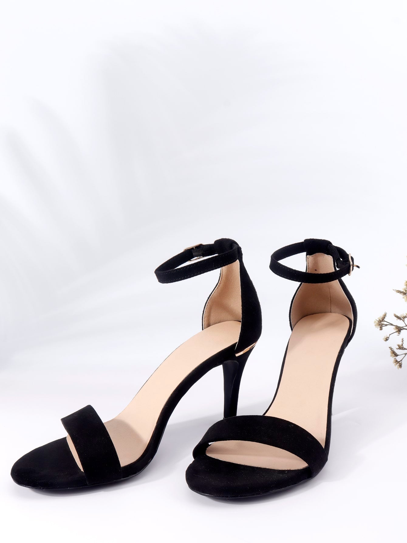 Women Minimalist Stiletto Heeled Ankle Strap Sandals, Elegant Black Faux Suede Heeled Sandals