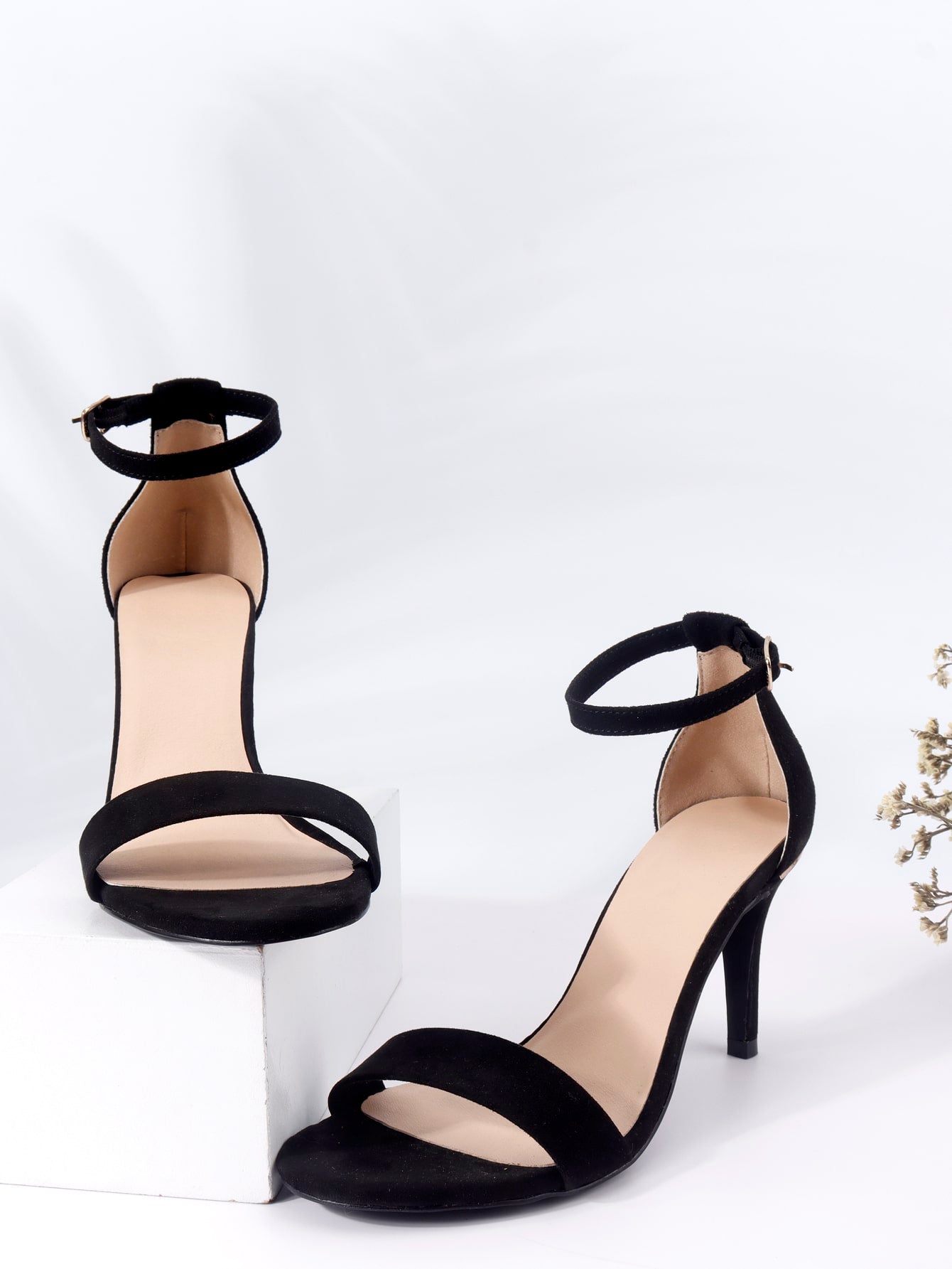 Women Minimalist Stiletto Heeled Ankle Strap Sandals, Elegant Black Faux Suede Heeled Sandals