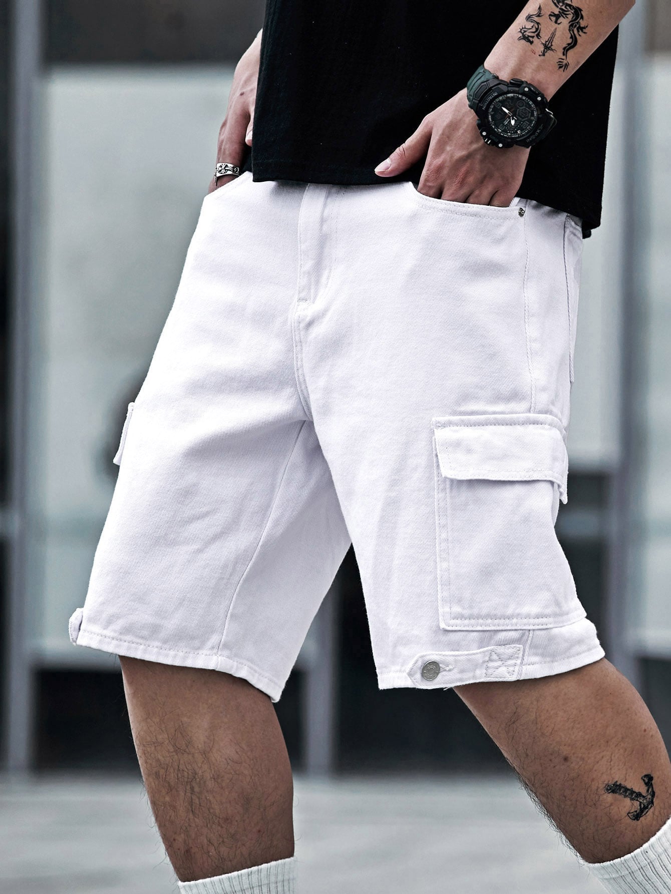 Manfinity Homme Men Cotton Flap Pocket Side Denim Shorts