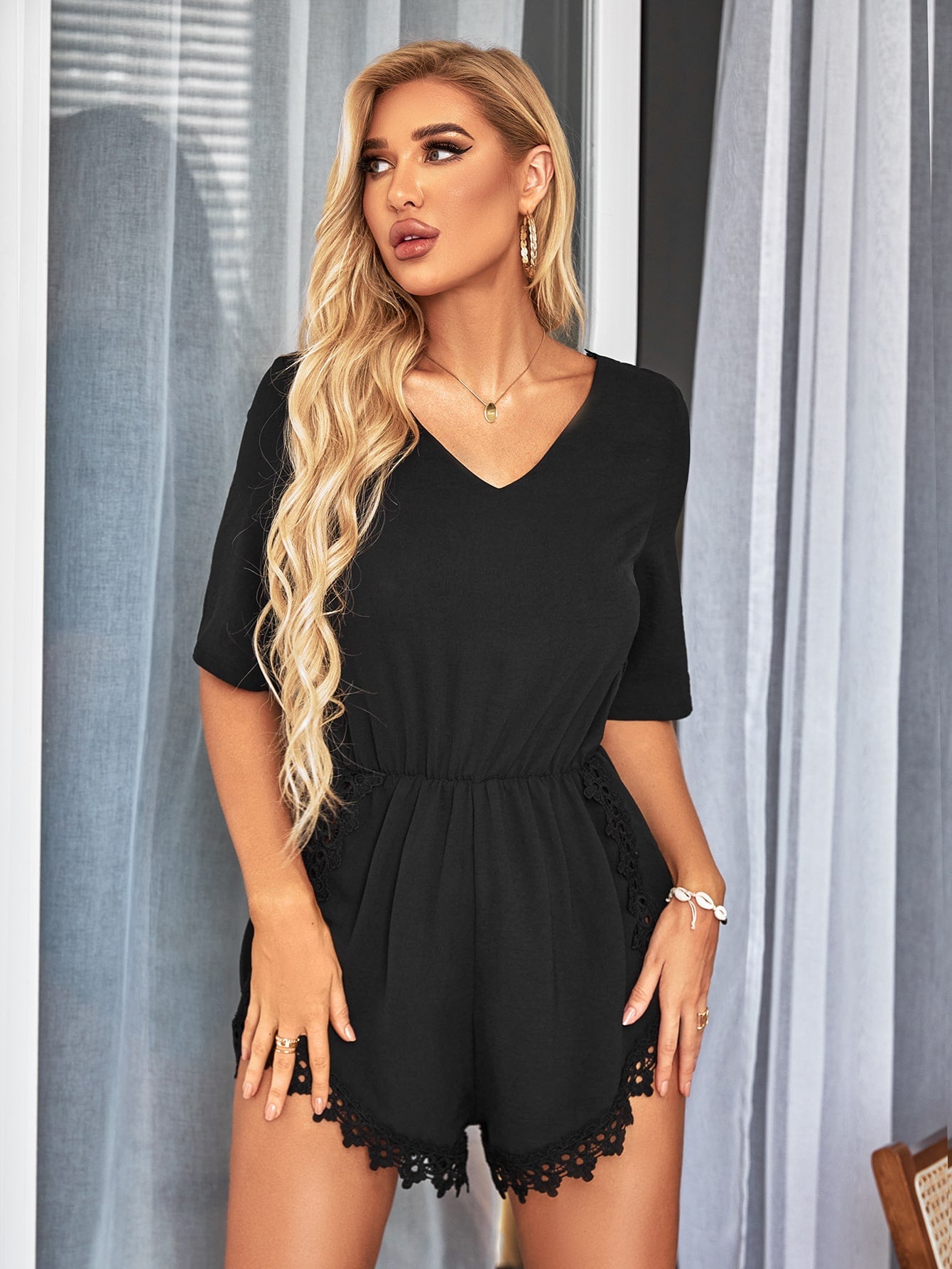 VCAY Contrast Lace Tie Back Romper