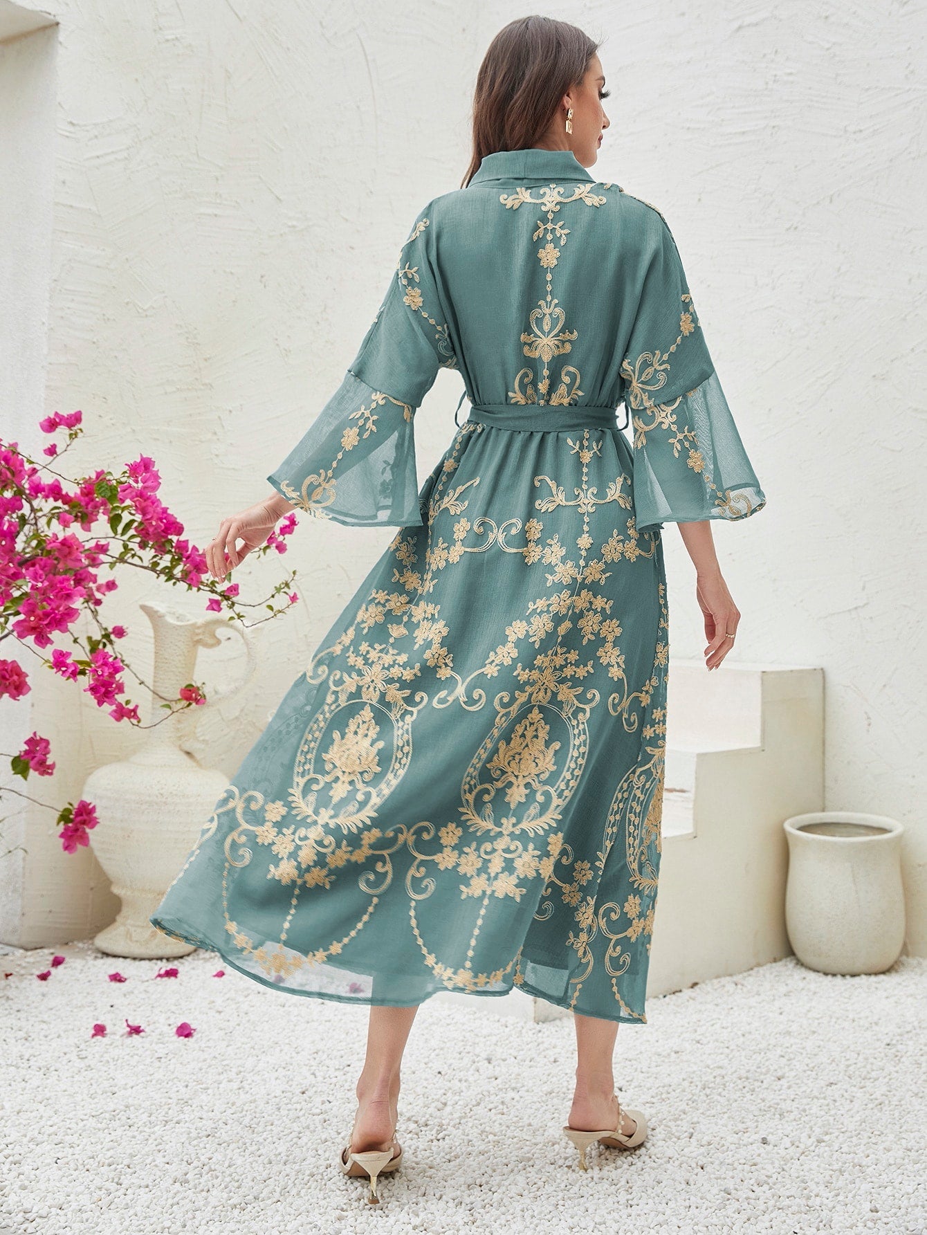 Najma Baroque Print Flounce Sleeve Belted Kaftan