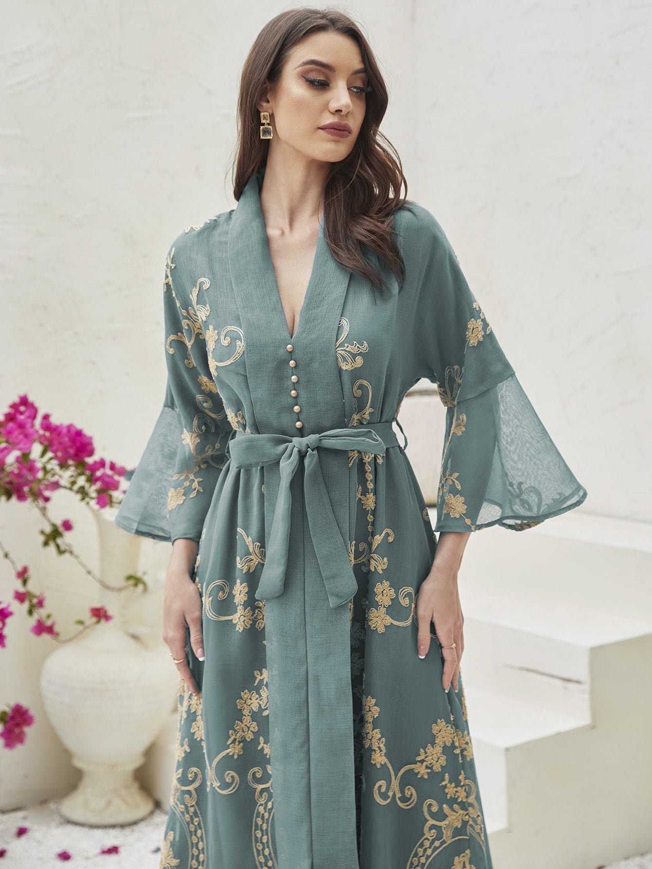 Najma Baroque Print Flounce Sleeve Belted Kaftan