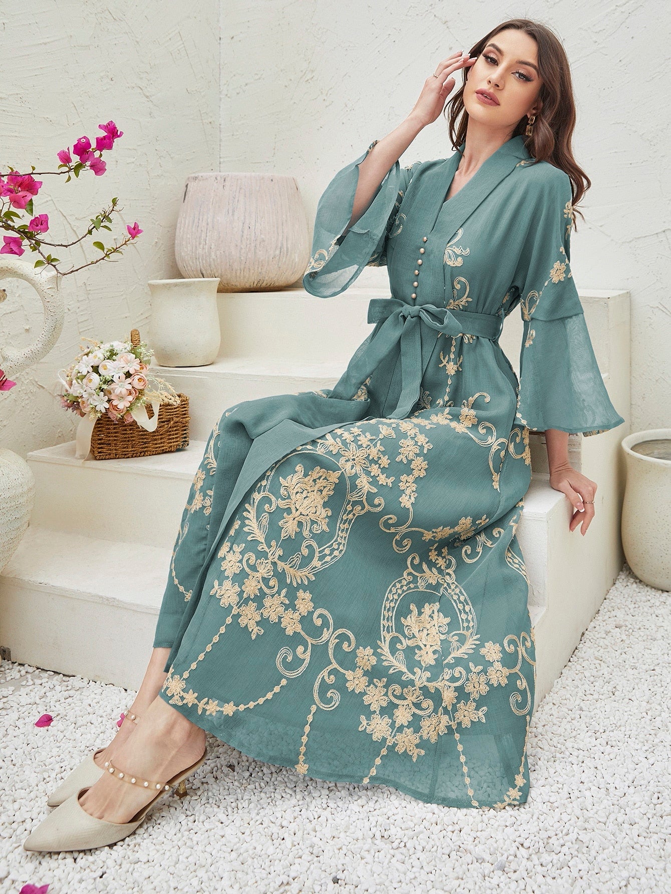 Najma Baroque Print Flounce Sleeve Belted Kaftan