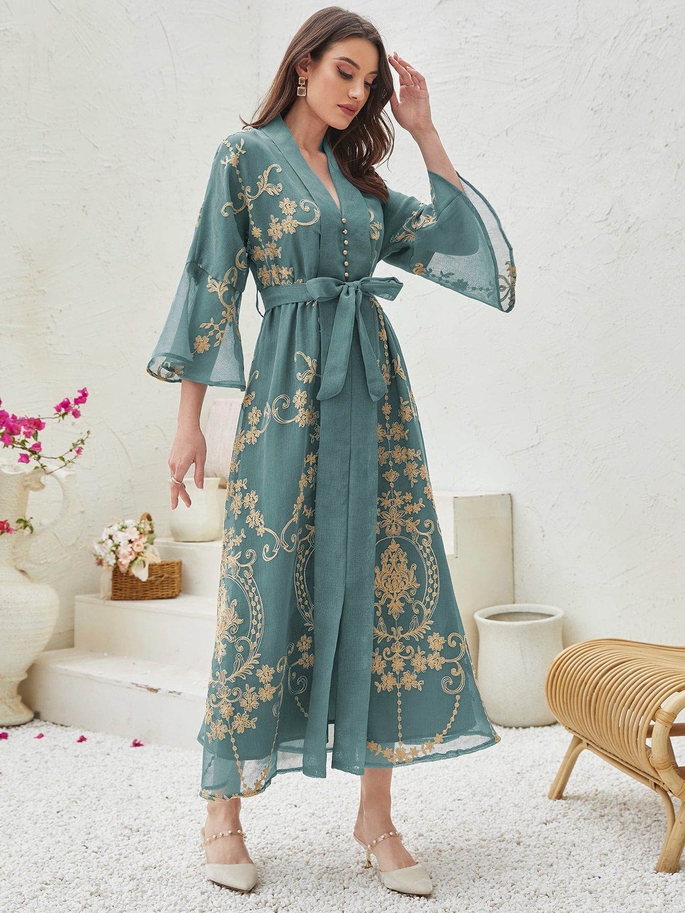 Najma Baroque Print Flounce Sleeve Belted Kaftan