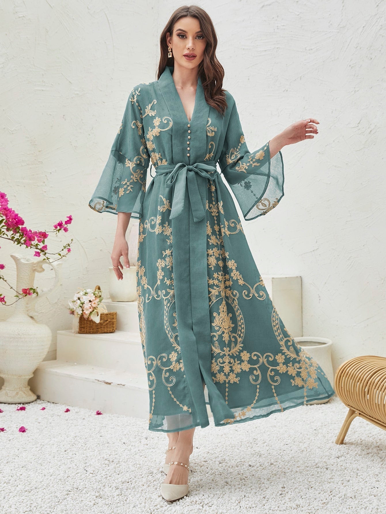 Najma Baroque Print Flounce Sleeve Belted Kaftan