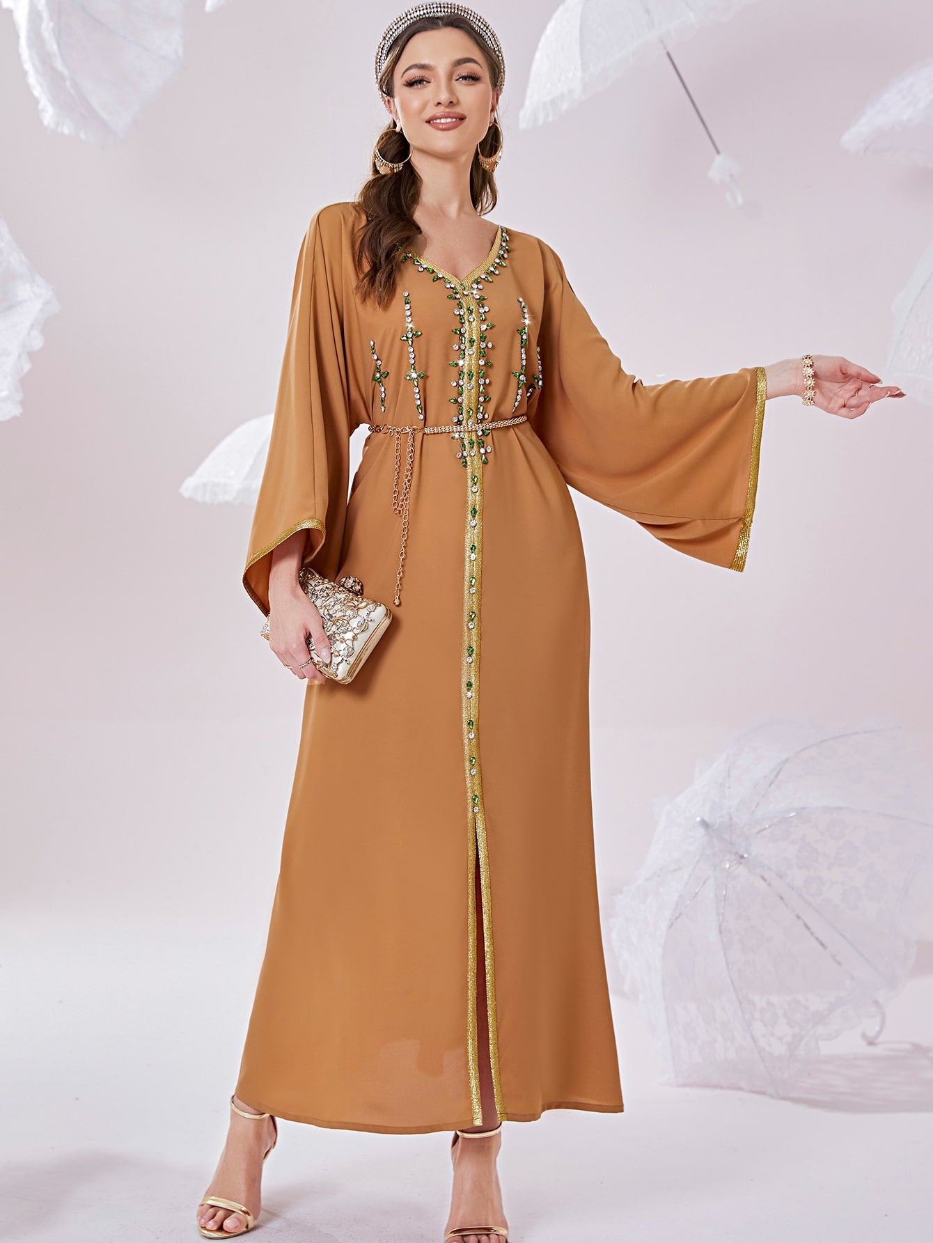 Najma Rhinestone Embroidered Trim Slit Hem Belted Kaftan