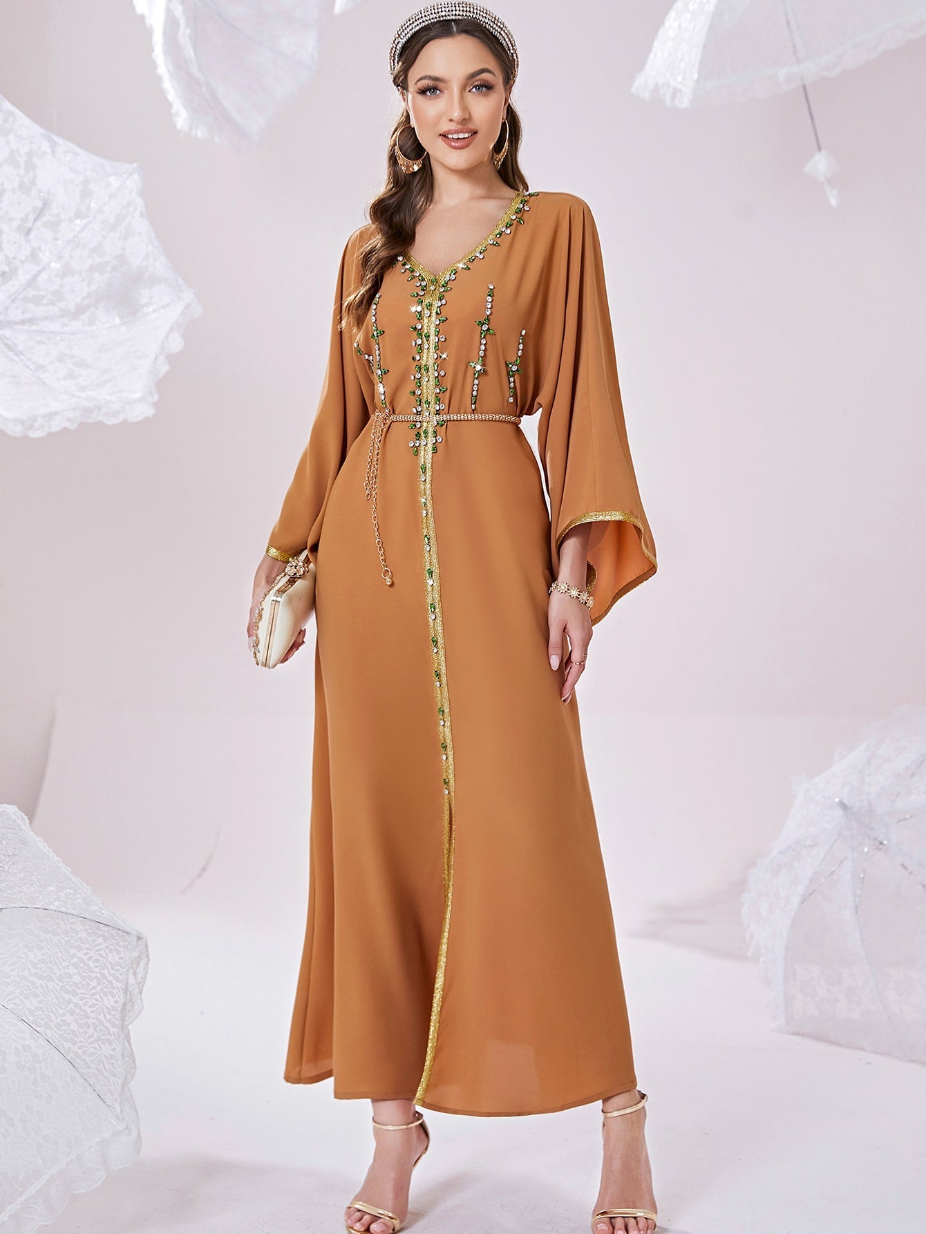 Najma Rhinestone Embroidered Trim Slit Hem Belted Kaftan