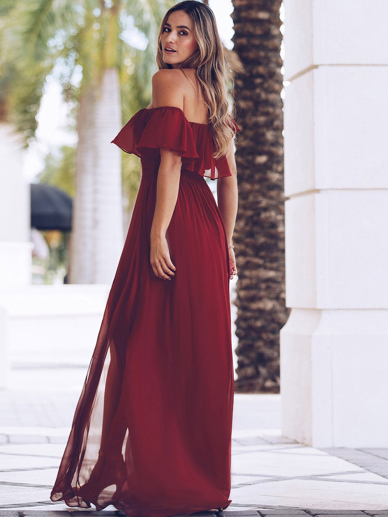 EVER-PRETTY Ruffle Off Shoulder Split Prom Dress