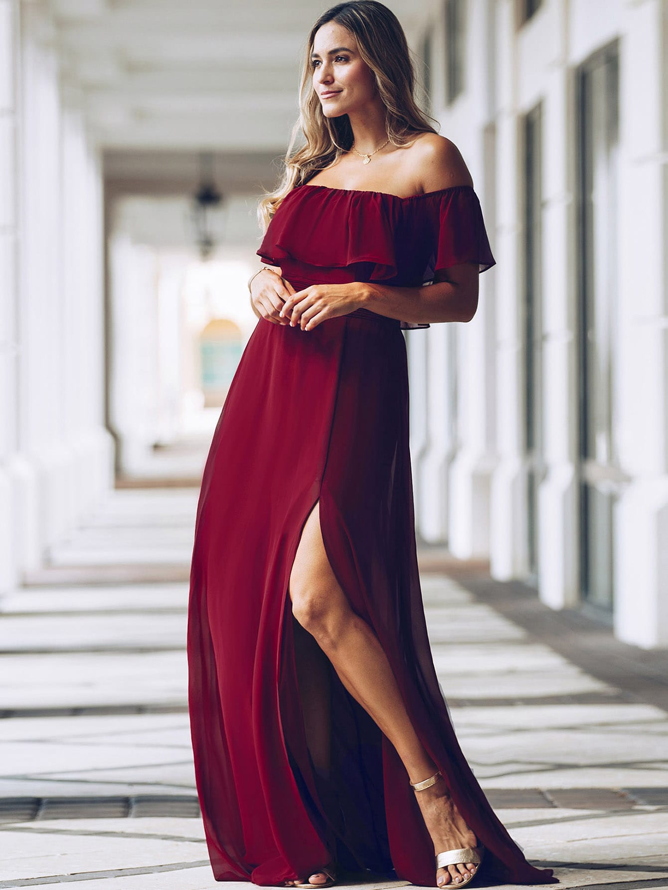 EVER-PRETTY Ruffle Off Shoulder Split Prom Dress