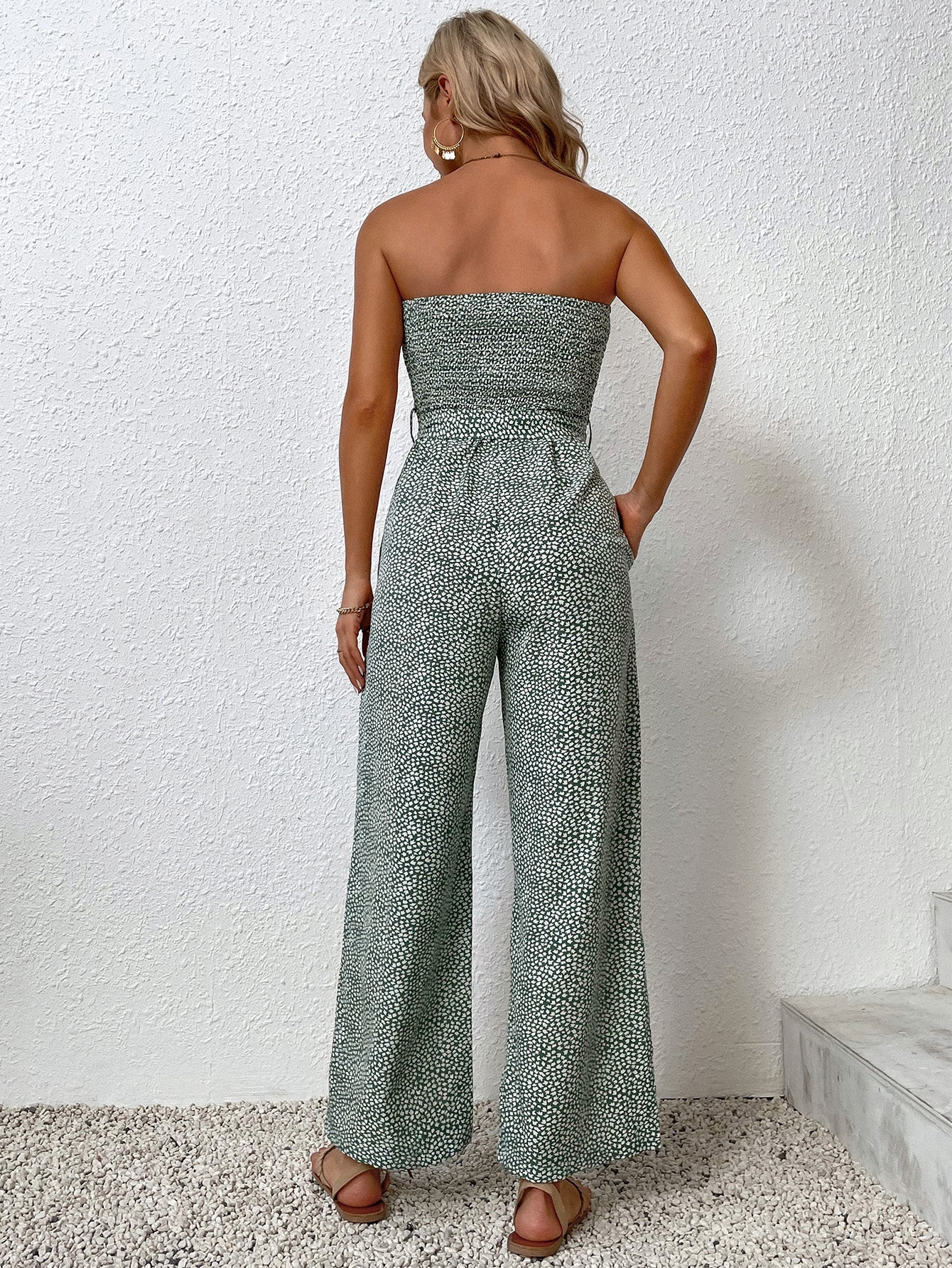 VCAY Allover Print Pocket Side Belted Tube Jumpsuit