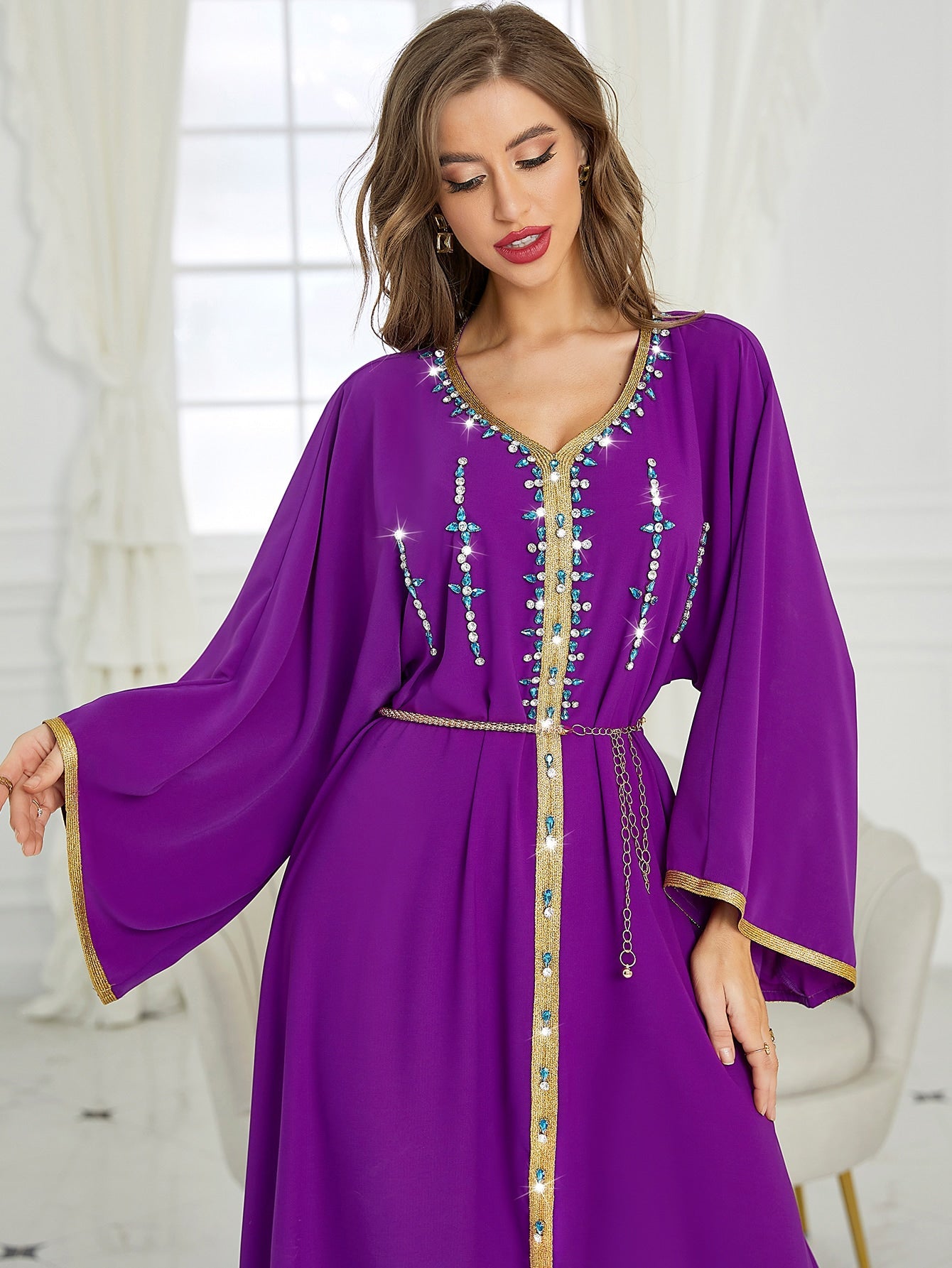 Najma Rhinestone Embroidered Trim Slit Hem Belted Kaftan