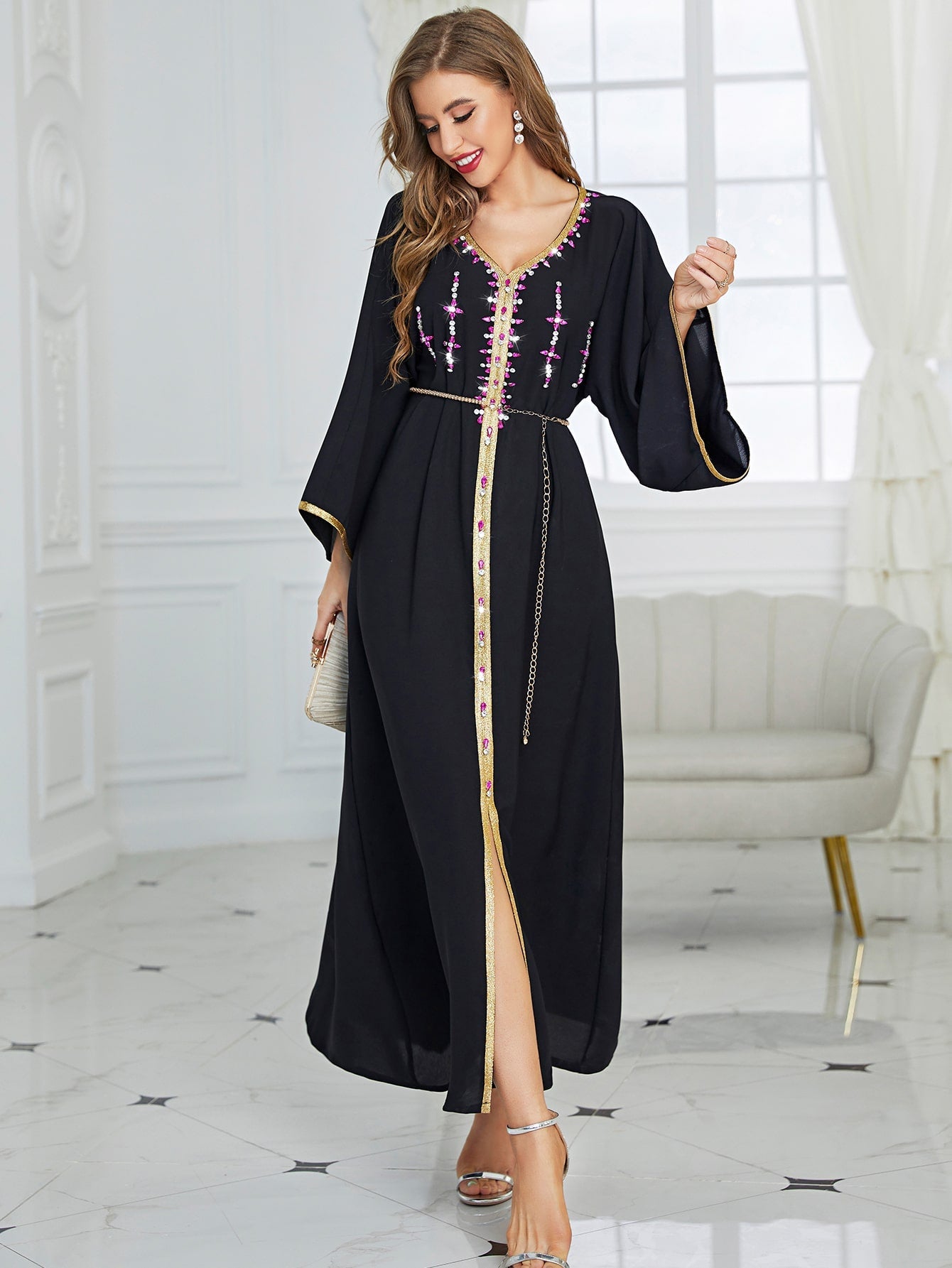 Najma Rhinestone Embroidered Trim Slit Hem Belted Kaftan