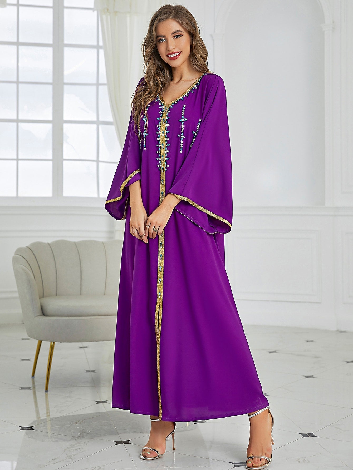 Najma Rhinestone Embroidered Trim Slit Hem Belted Kaftan