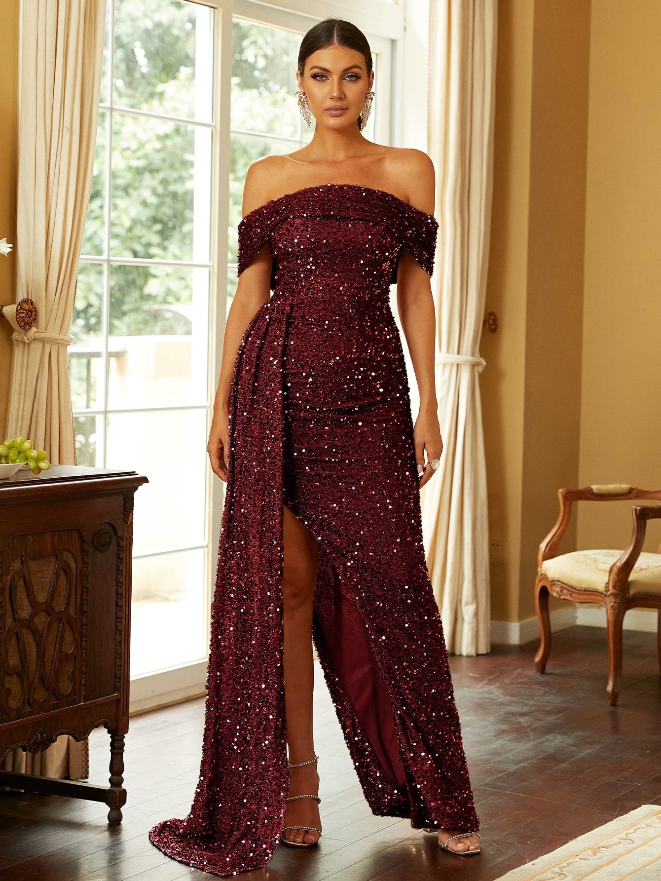 Missord Sequin Off Shoulder Draped Asymmetrical Hem Floor Dress