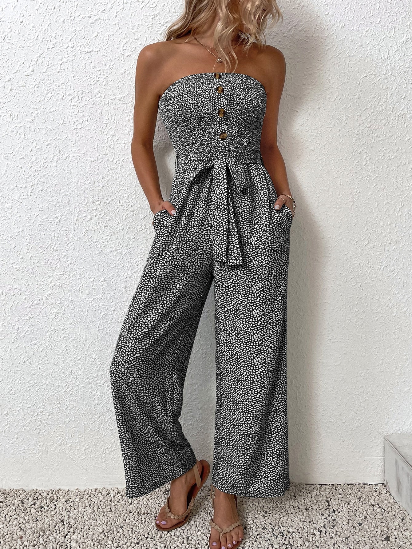 VCAY Allover Print Pocket Side Belted Tube Jumpsuit