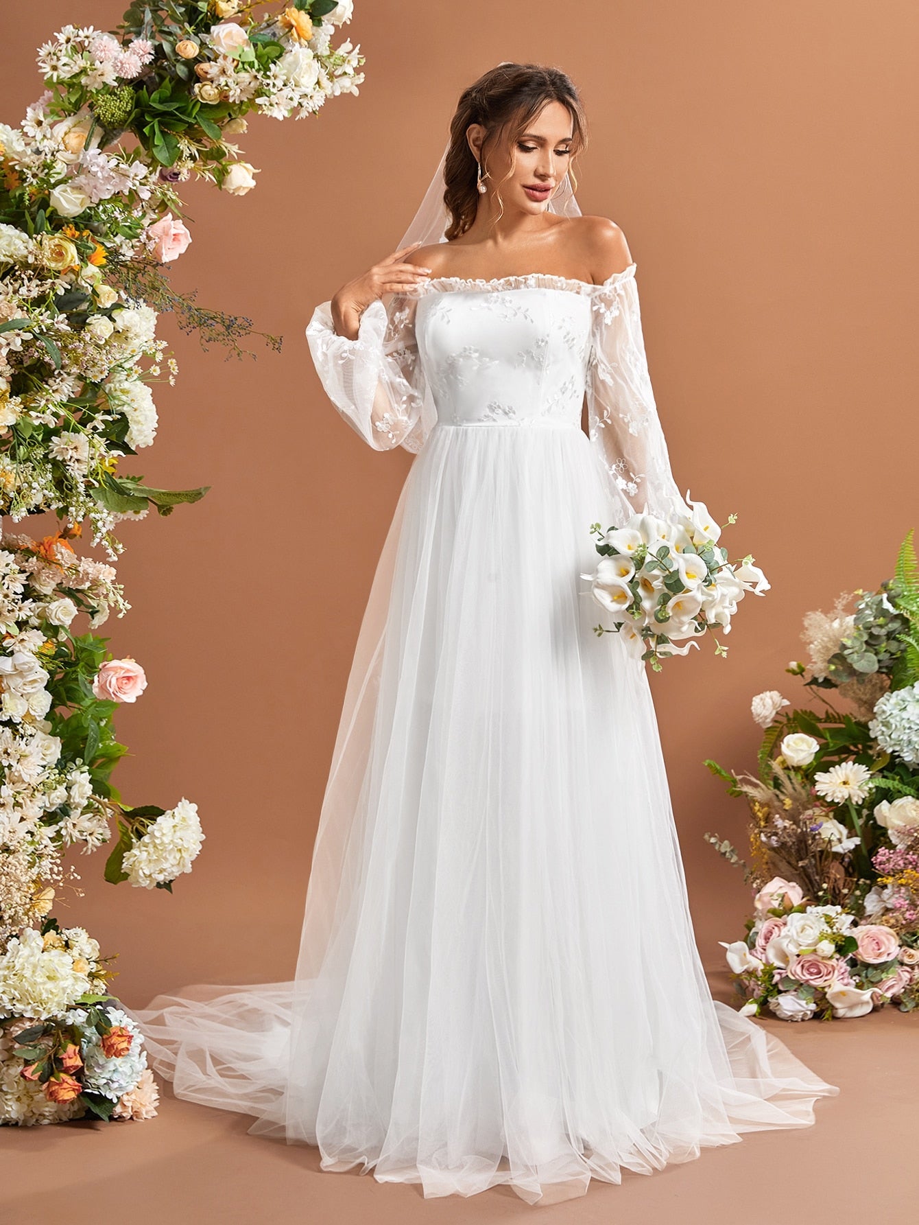 Floral Embroidered Frilled Off Shoulder Lantern Sleeve Mesh Wedding Dress Without Veil