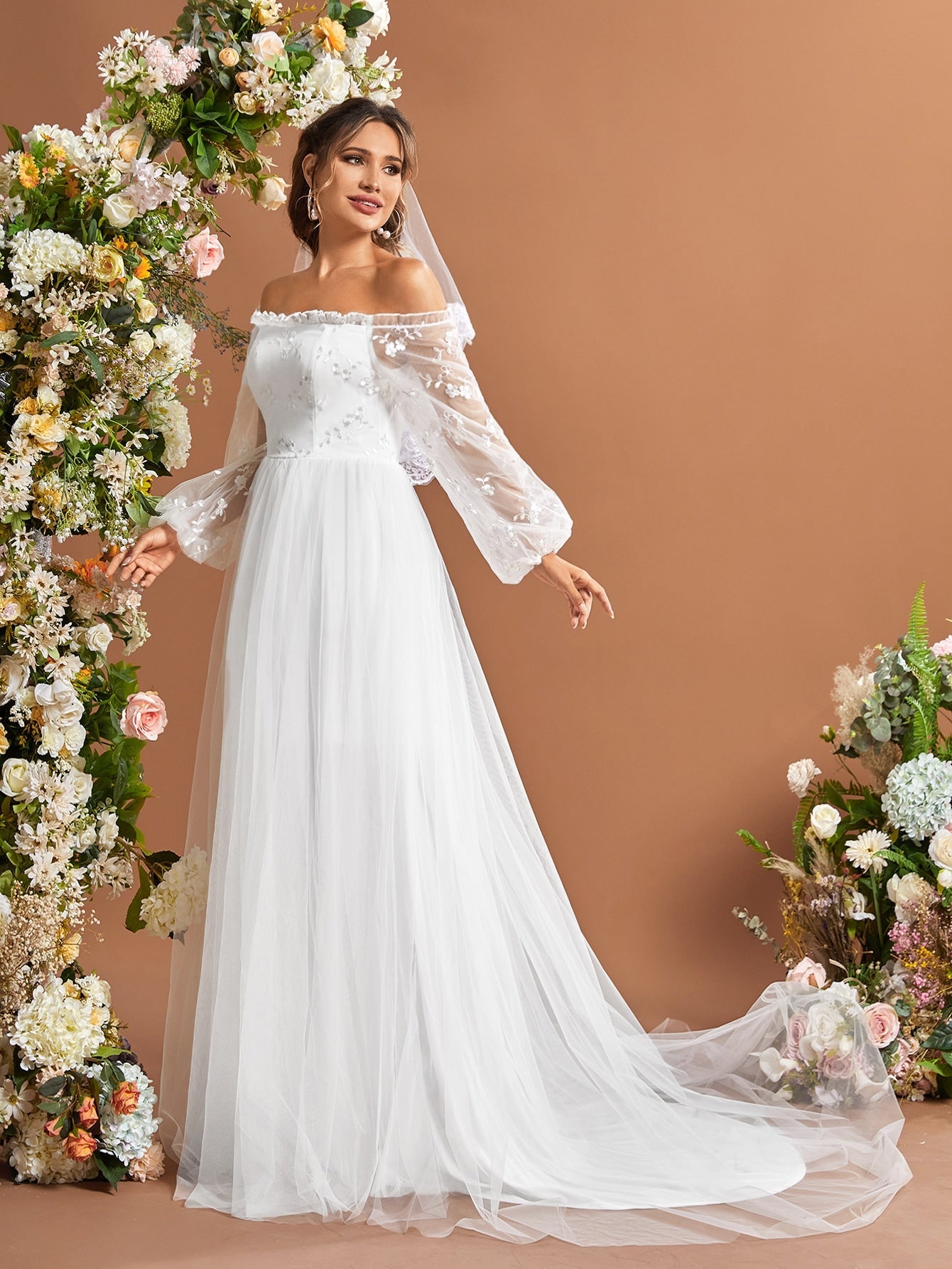 Floral Embroidered Frilled Off Shoulder Lantern Sleeve Mesh Wedding Dress Without Veil