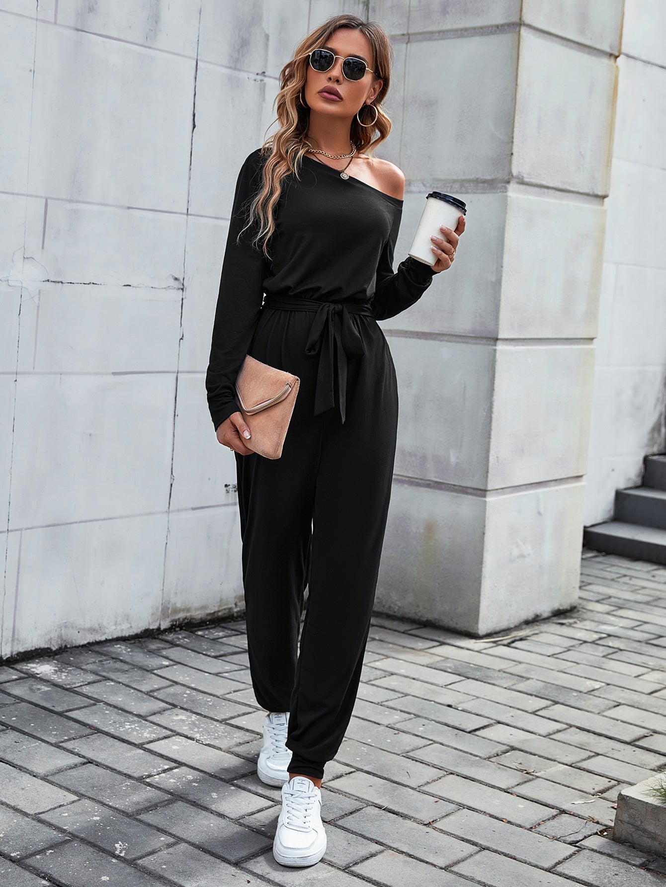 LUNE Solid Asymmetrical Neck Belted Jumpsuit