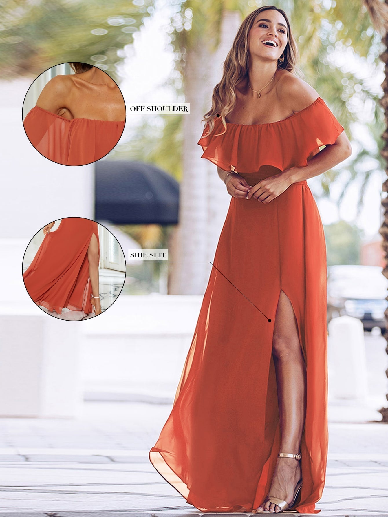 EVER-PRETTY Ruffle Off Shoulder Split Prom Dress