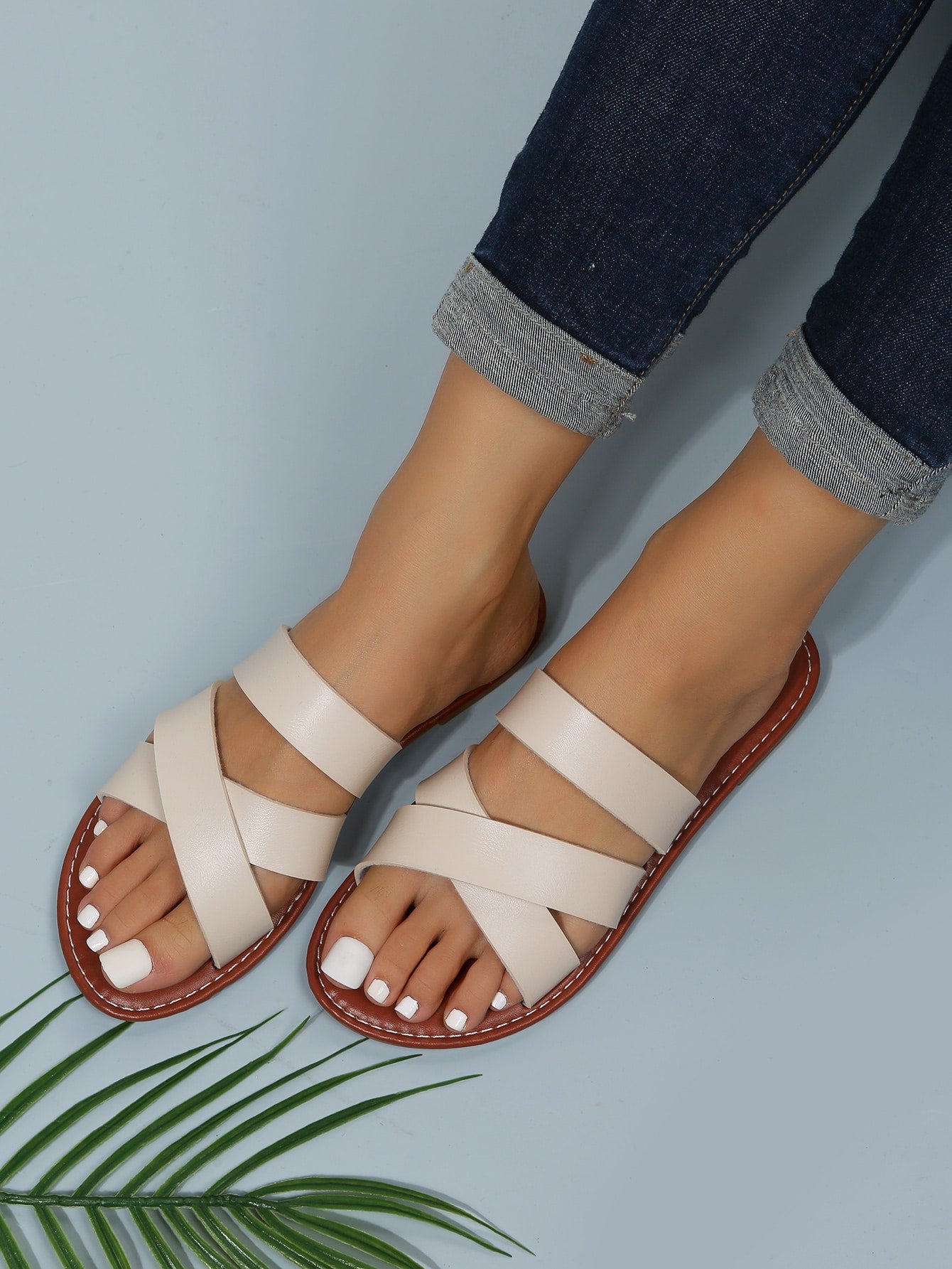 Elegant Brown Sandals For Women, Criss Cross Strap Slide Sandals