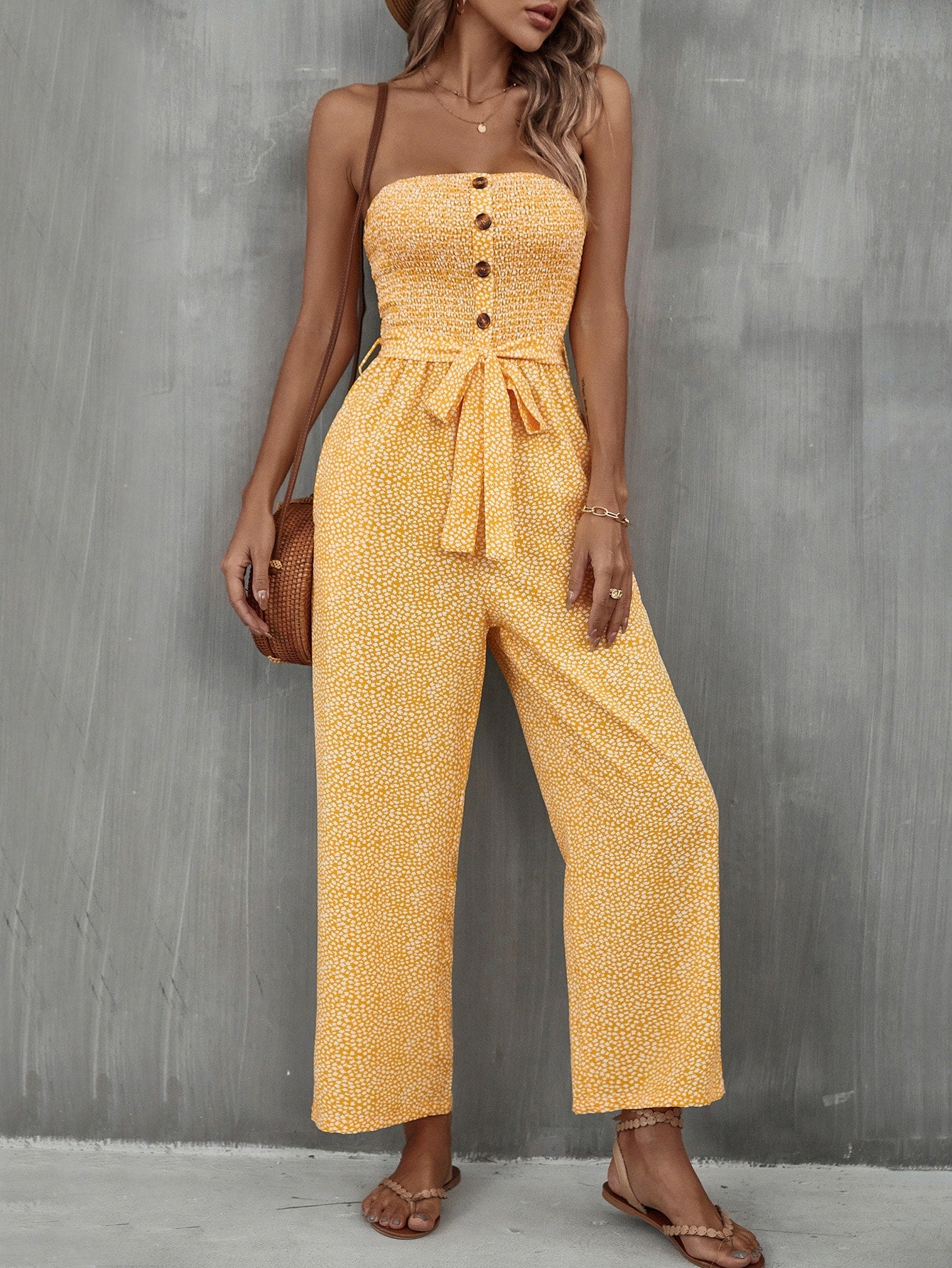 VCAY Allover Print Pocket Side Belted Tube Jumpsuit