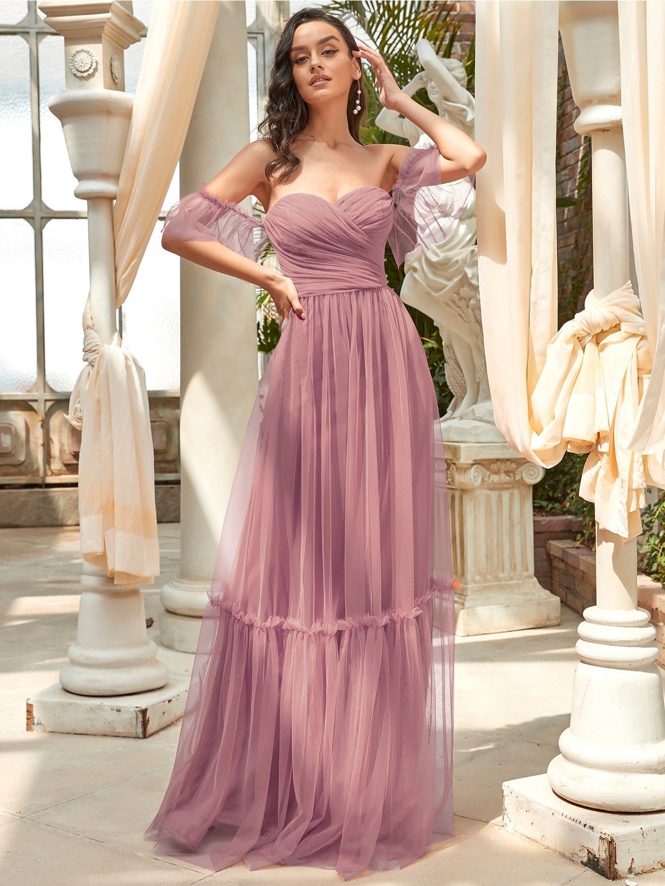 EVER-PRETTY Off Shoulder Frilled Ruffle Hem Mesh Bridesmaid Dress