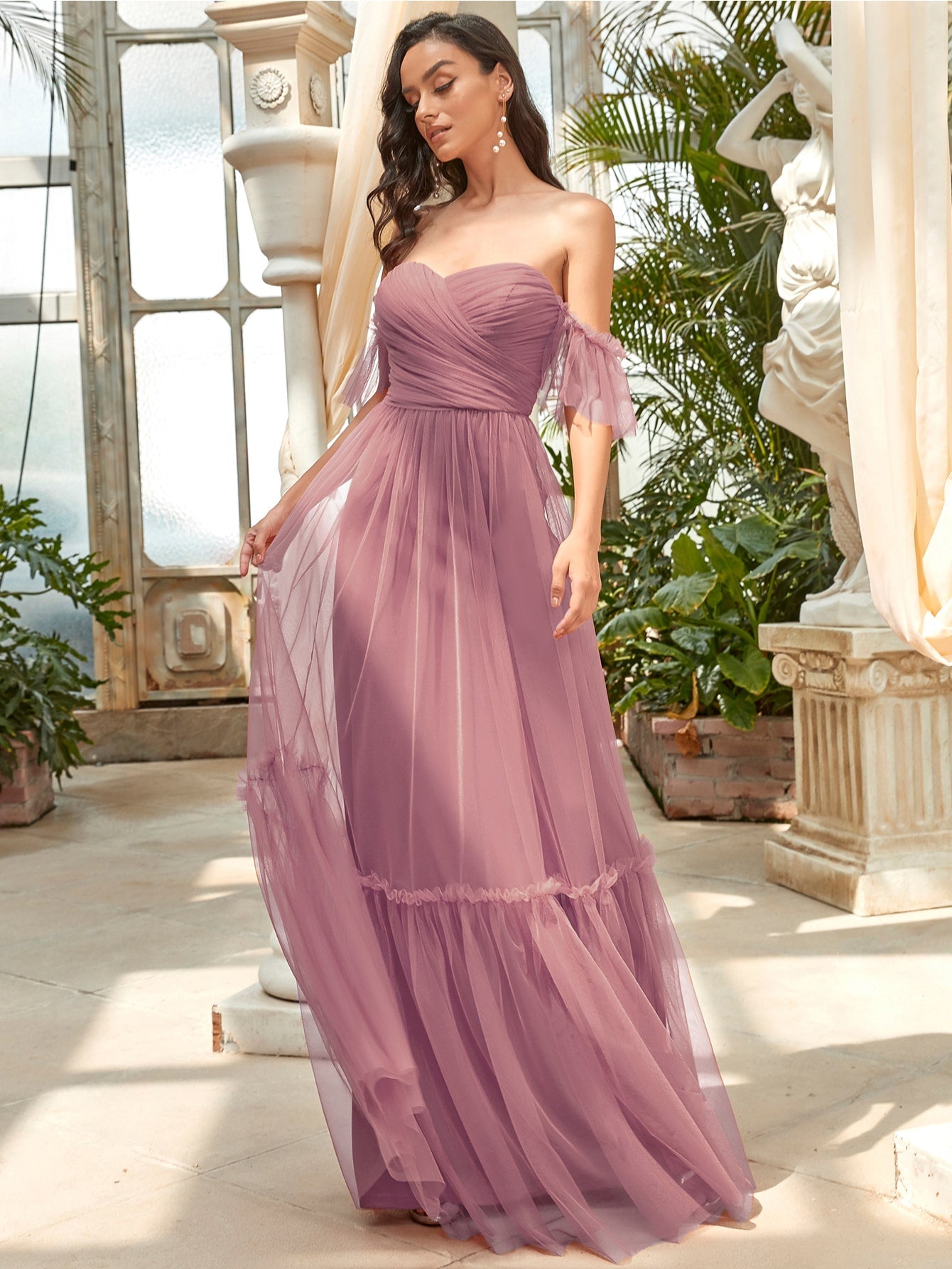 EVER-PRETTY Off Shoulder Frilled Ruffle Hem Mesh Bridesmaid Dress