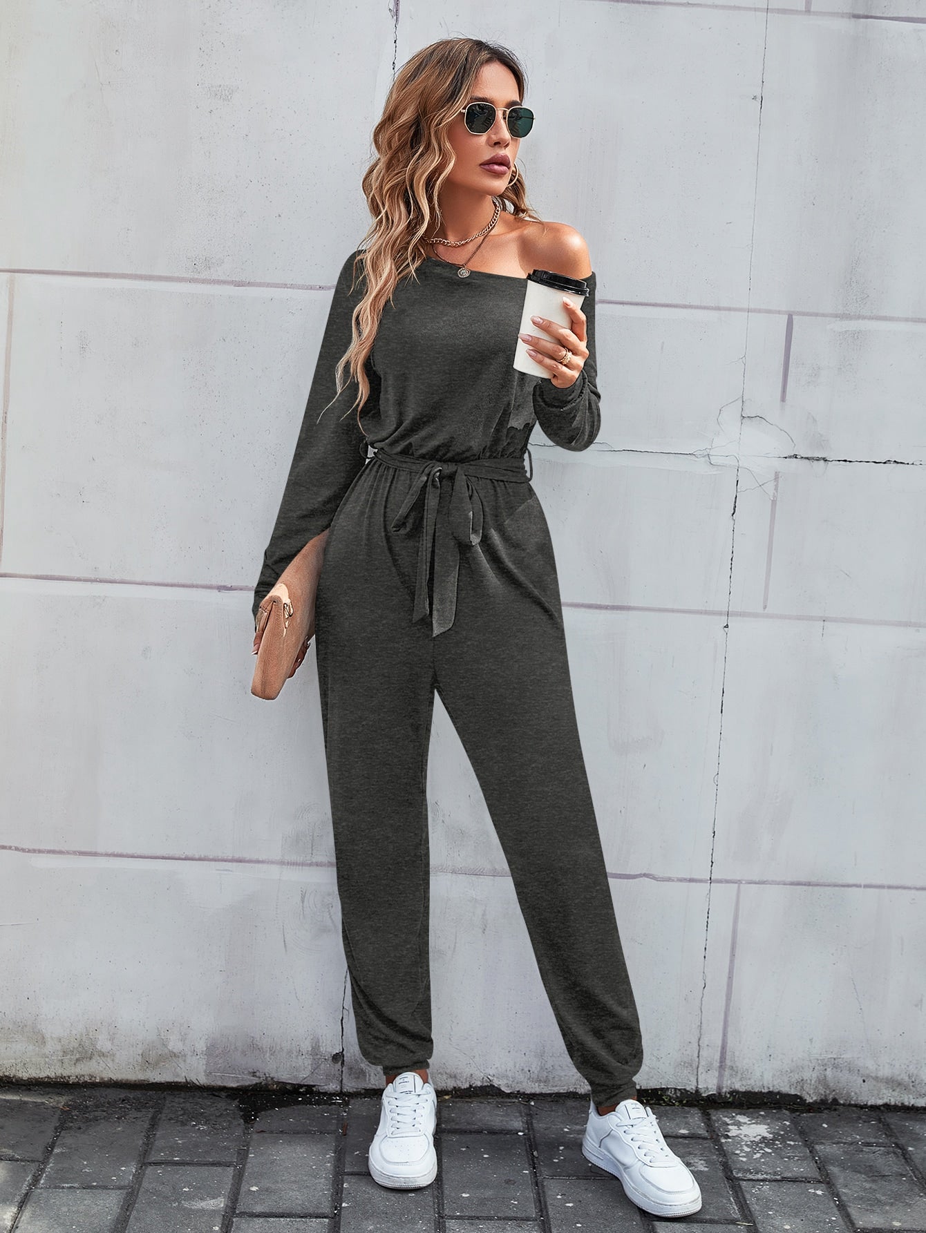 LUNE Solid Asymmetrical Neck Belted Jumpsuit