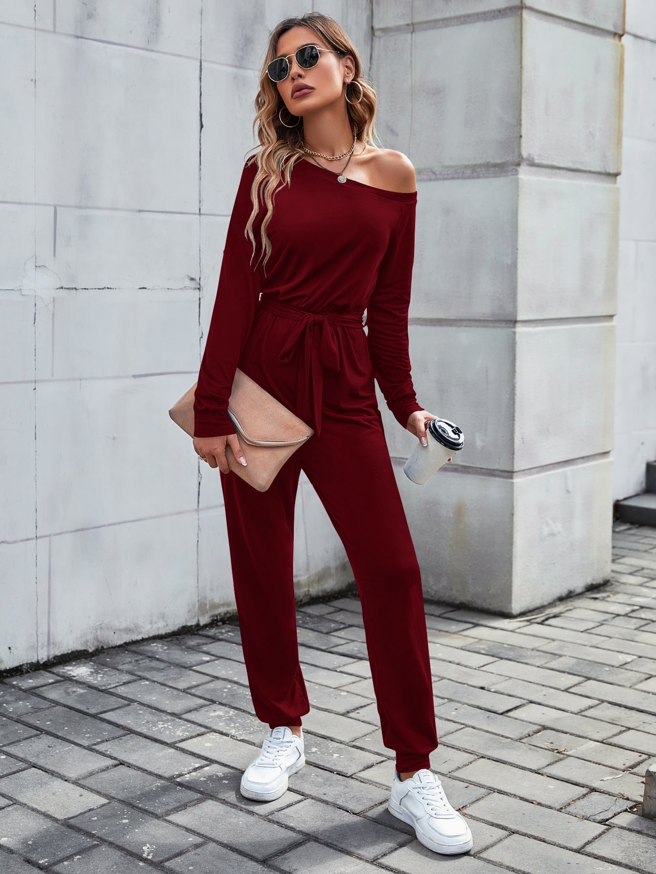 LUNE Solid Asymmetrical Neck Belted Jumpsuit