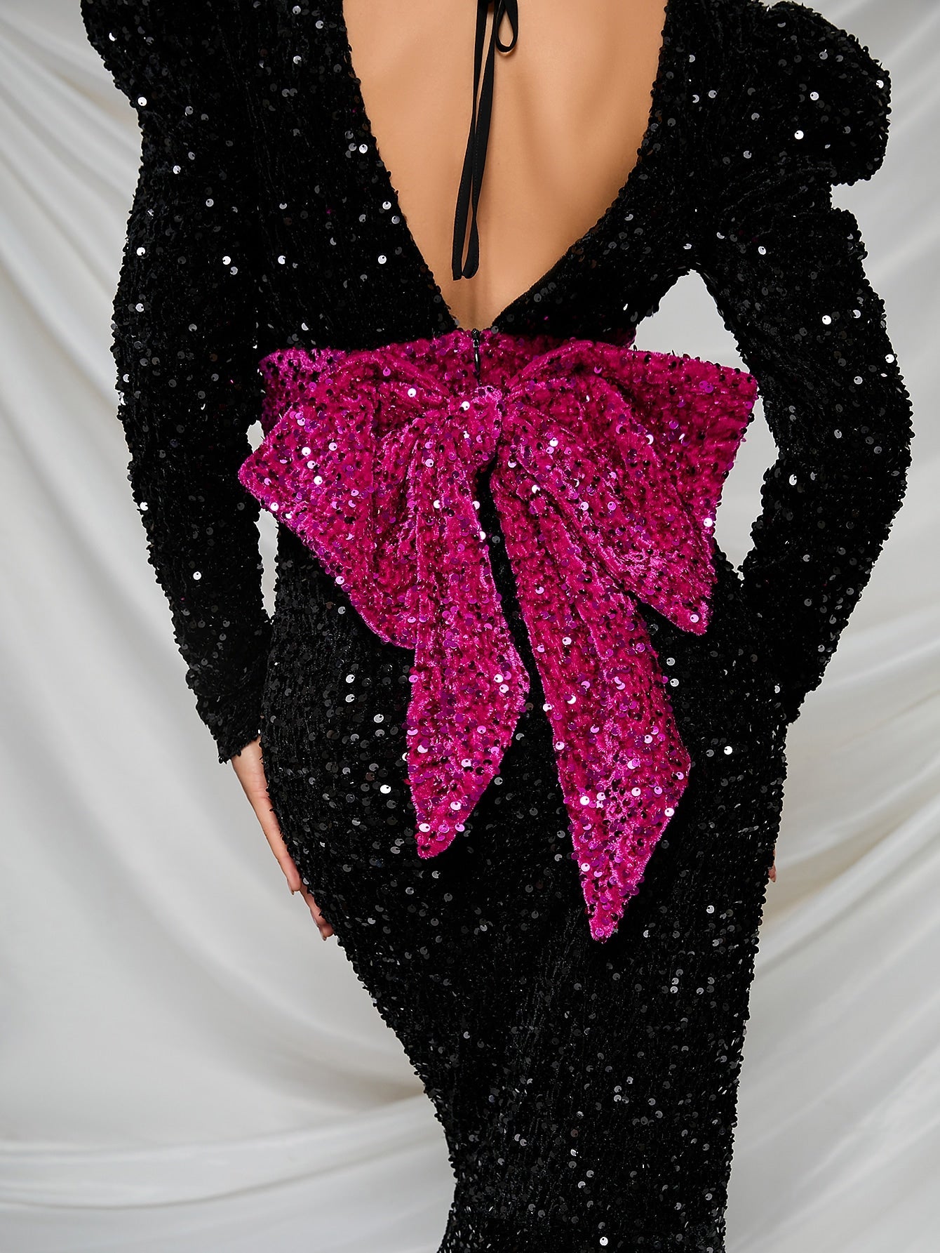 Deep V Neck Bow Back Sequin Floor Length Prom Dress