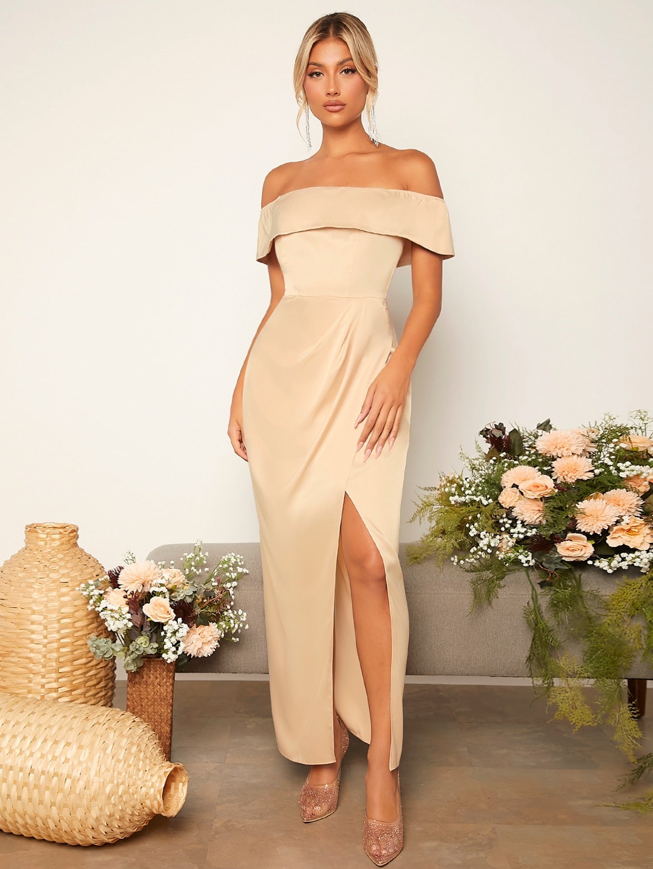 Belle Off Shoulder Wrap Hem Satin Bridesmaid Dress