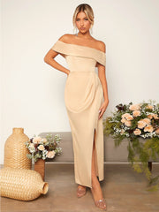 Belle Off Shoulder Wrap Hem Satin Bridesmaid Dress