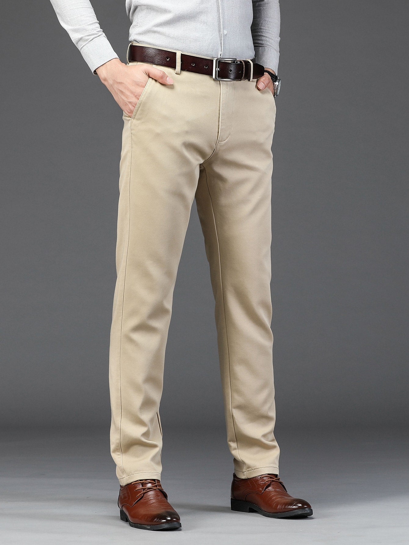 Men Solid Slant Pocket Straight Leg Suit Pants Without Belt