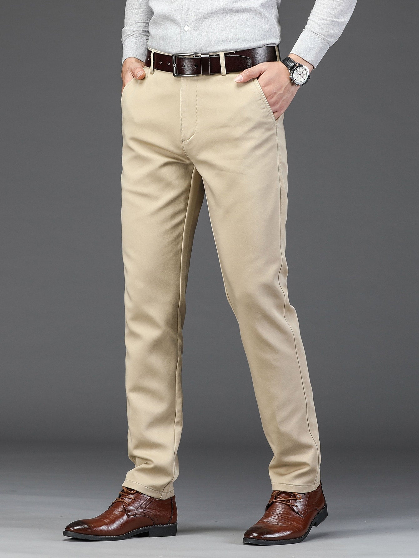 Men Solid Slant Pocket Straight Leg Suit Pants Without Belt