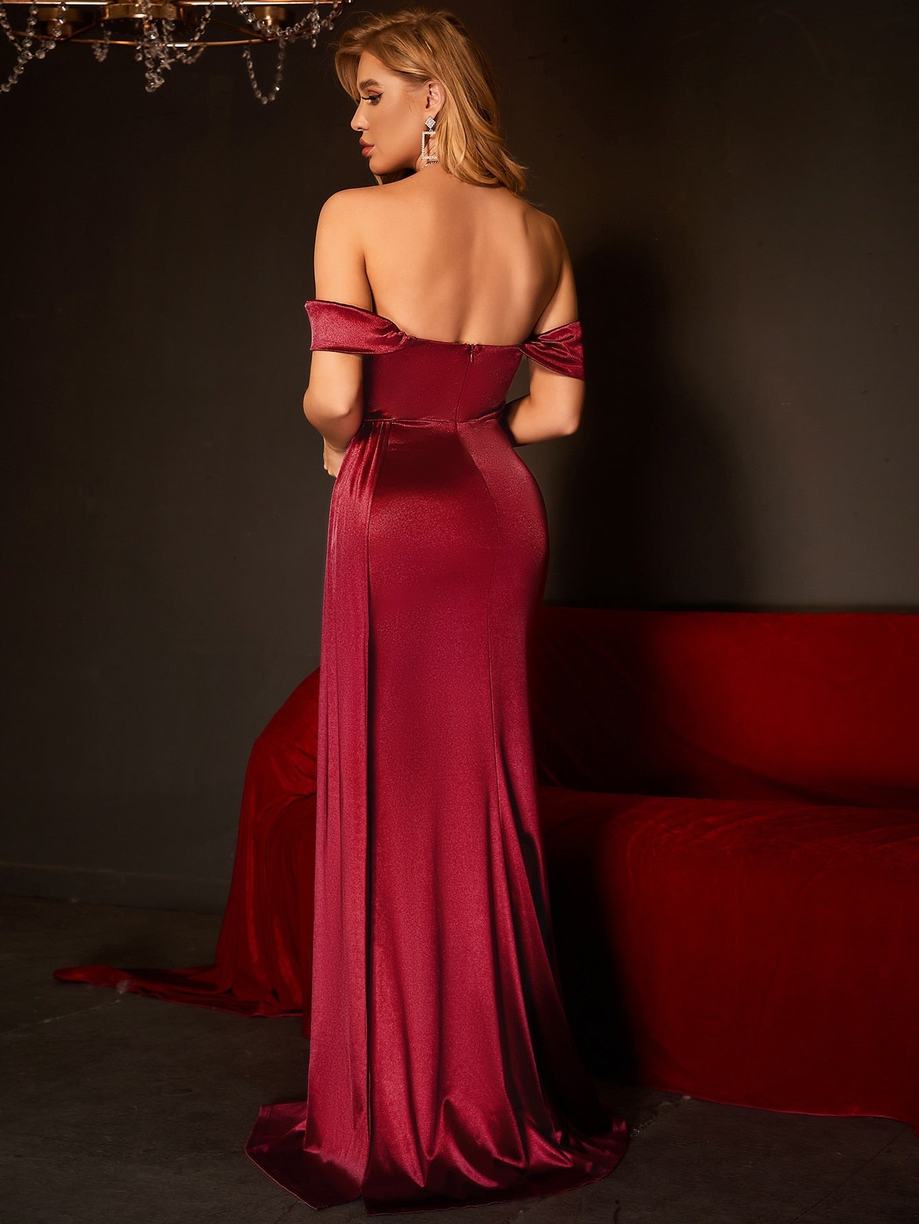 Off Shoulder Slit Thigh Draped Side Bustier Satin Bridesmaid Dress