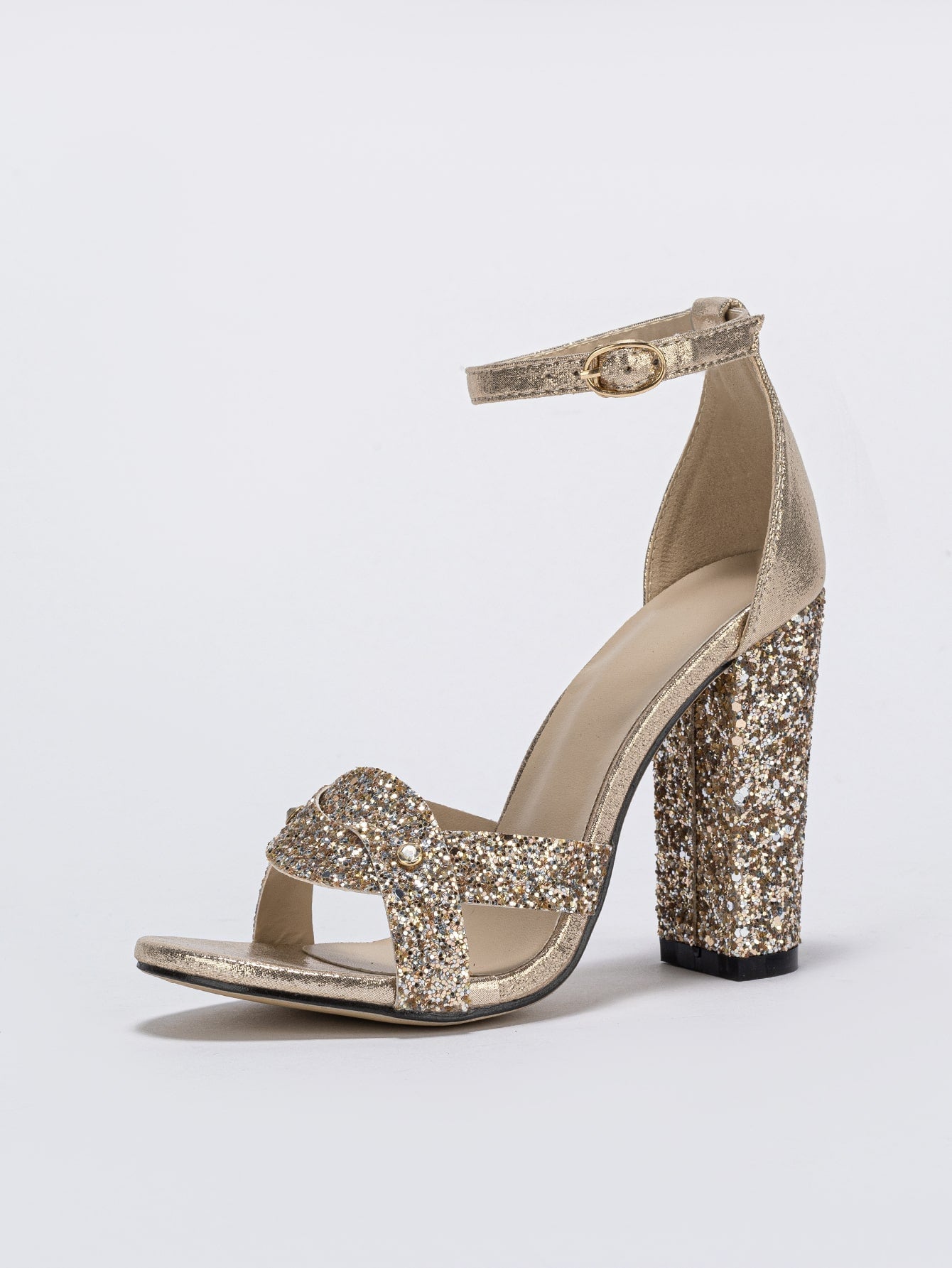 Women Metallic Chunky Heeled Ankle Strap Sandals, Glamorous Banquet Sequins Heeled Sandals