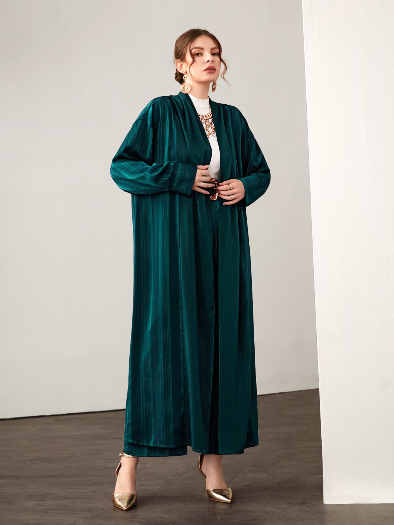 Najma Solid Open Front Abaya & Pants Without Belt