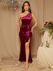 Belle One Shoulder Ruffle Trim Split Thigh Velvet Bridesmaid Dress