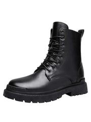 Men Zip Side Lace-up Front Combat Boots, Men's Black Solid Color chelsea Boots